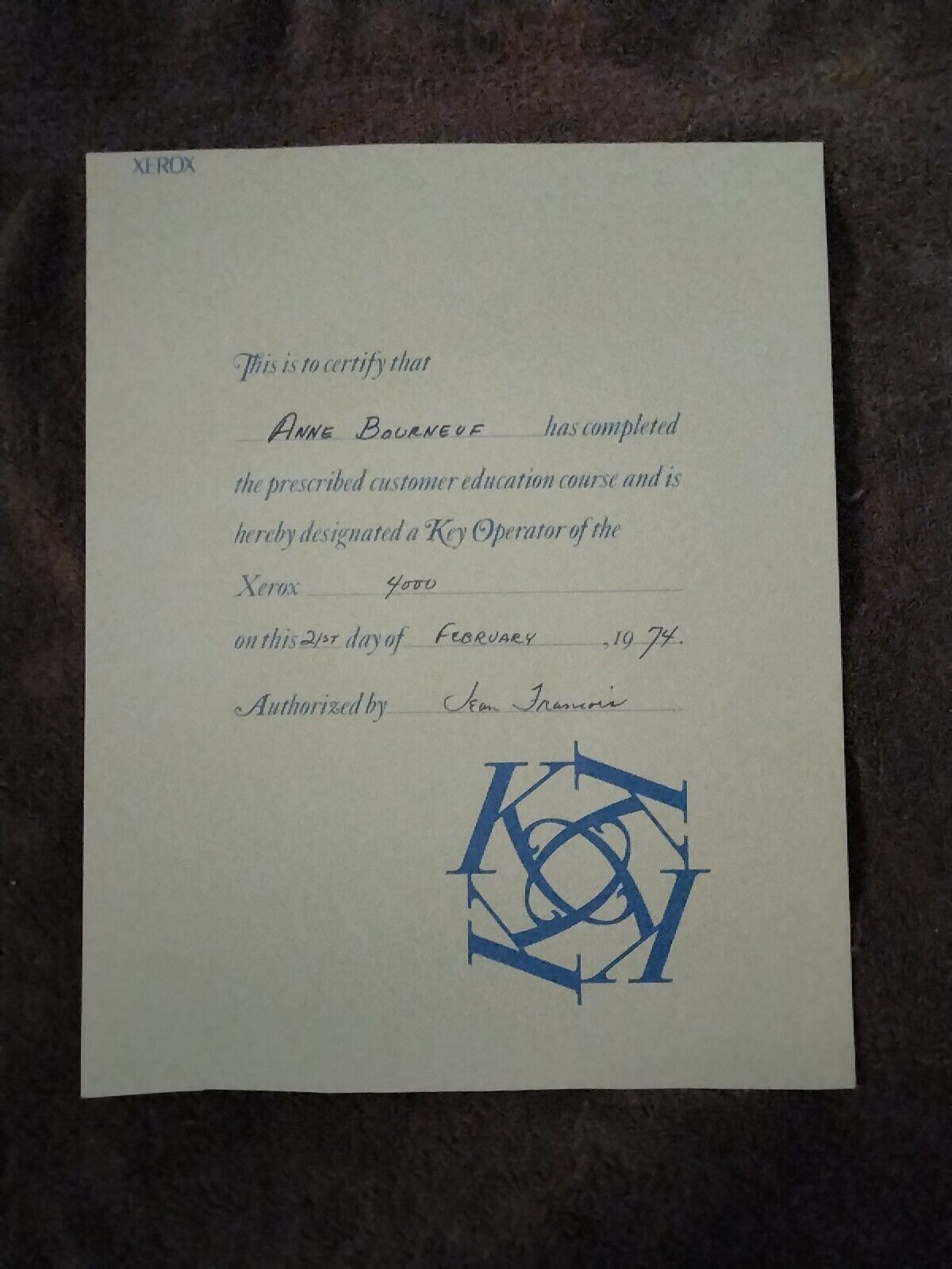 Vintage Xerox 4000 Key Operator Certificate 1974