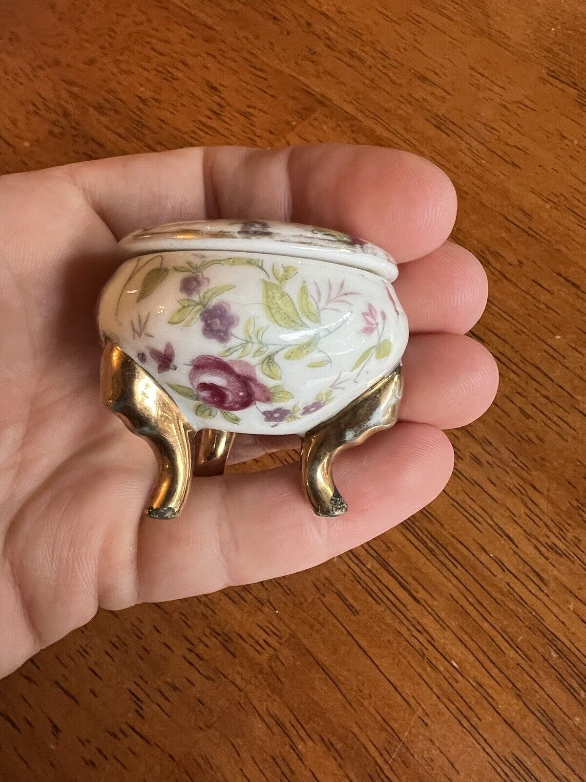 Vintage Lefton Floral Porcelain Trinket Pill Box with Lid, Mid-Century Miniature