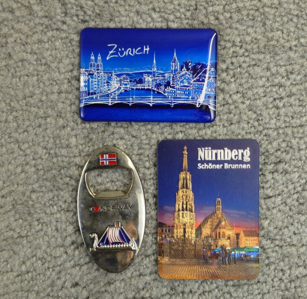 LOT OF 3 Zurich Switzerland Fridge Magnet Souvenir Norway Opener Nurnberg