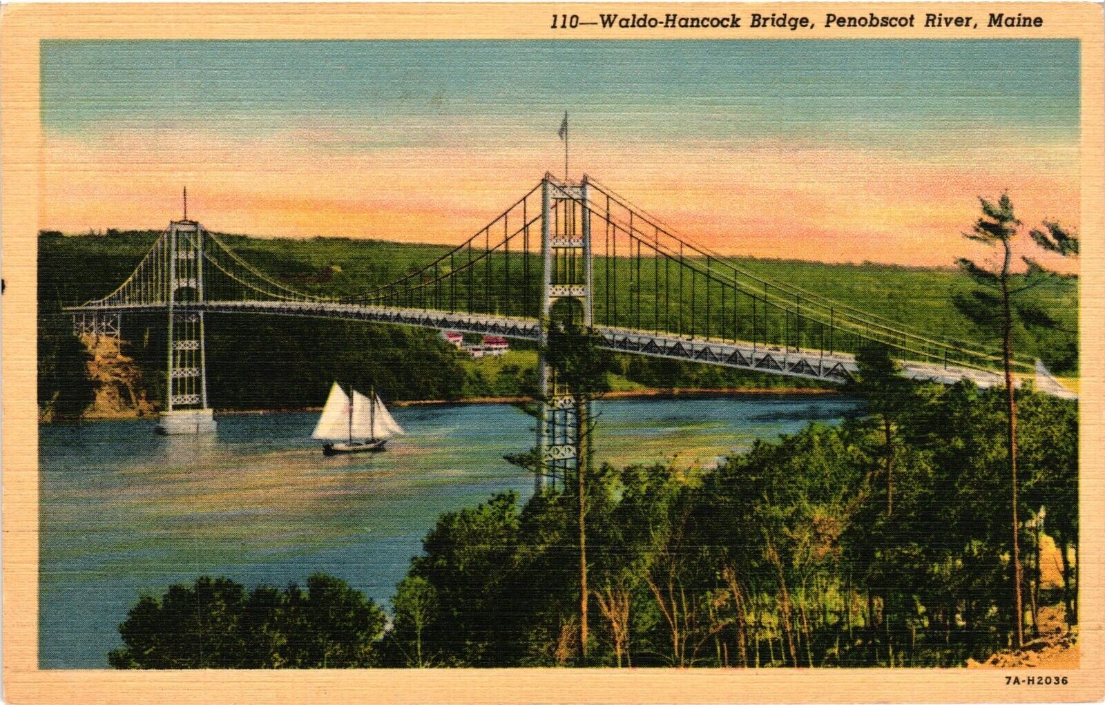 Waldo-Hancock Bridge Penobscot River Maine ME Vintage Postcard Linen C1940