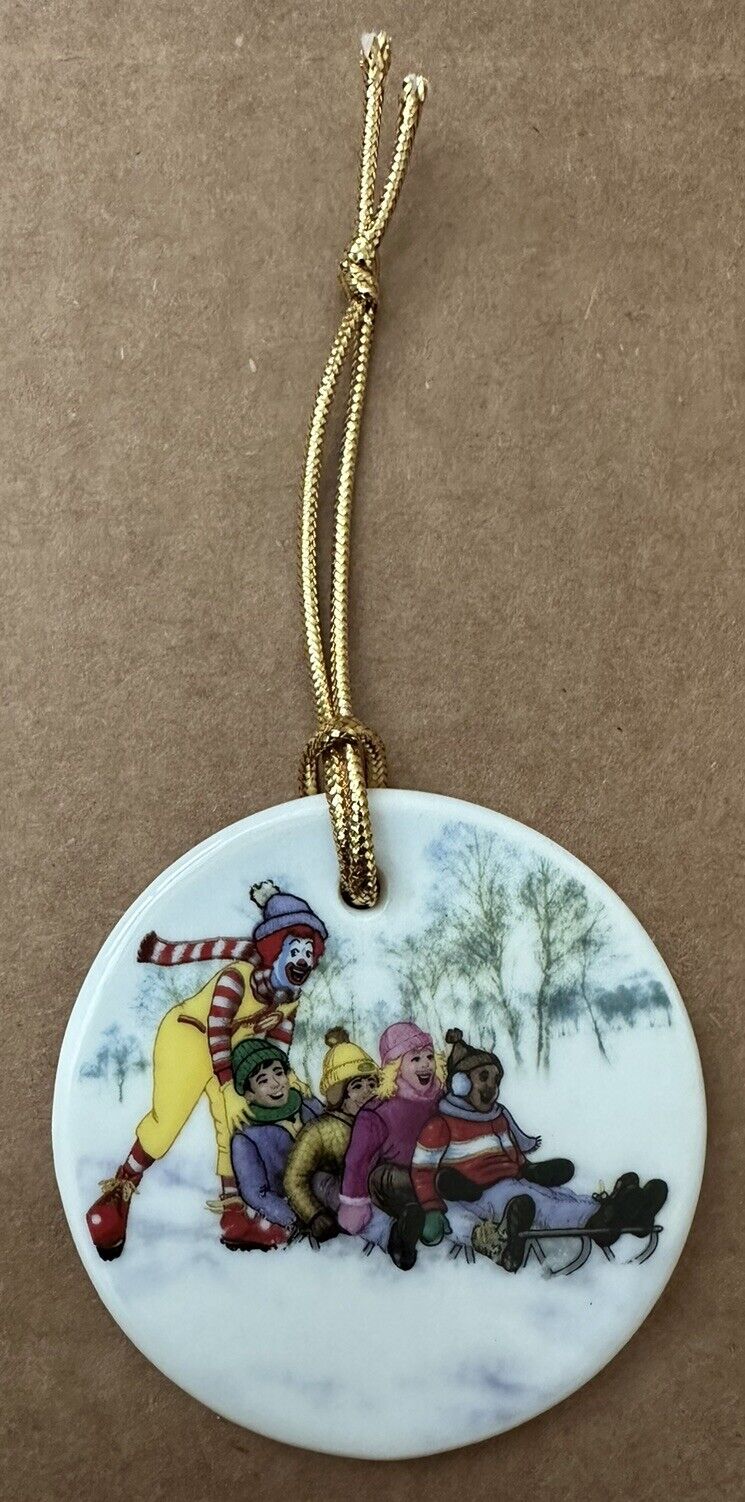 McDonald\'s Ceramic Christmas Ornament Ronald McDonald Sledding with Children 