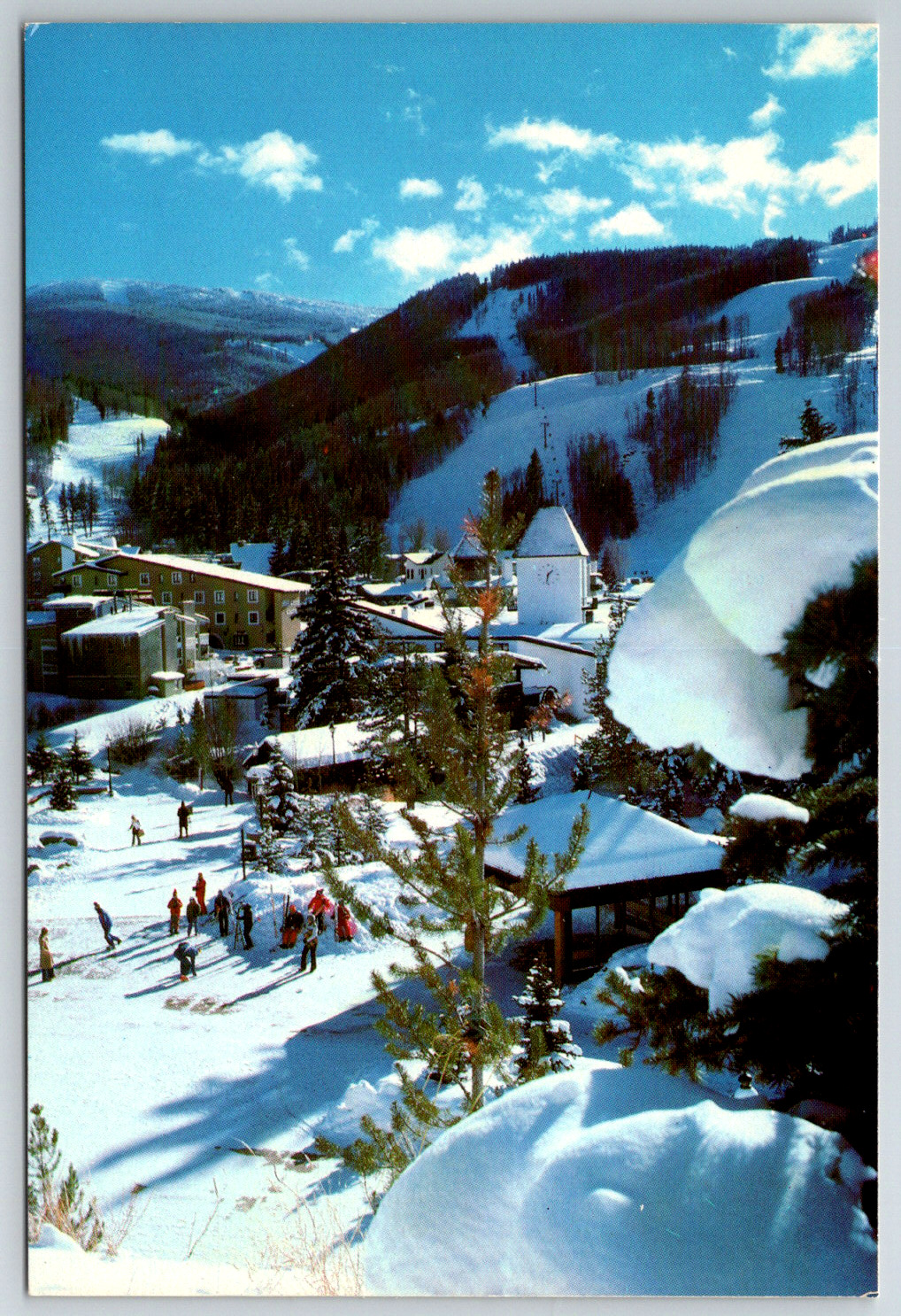 Vintage Postcard Vail CO Clock Tower Covered Bridge Pedestrian Village USA Ski