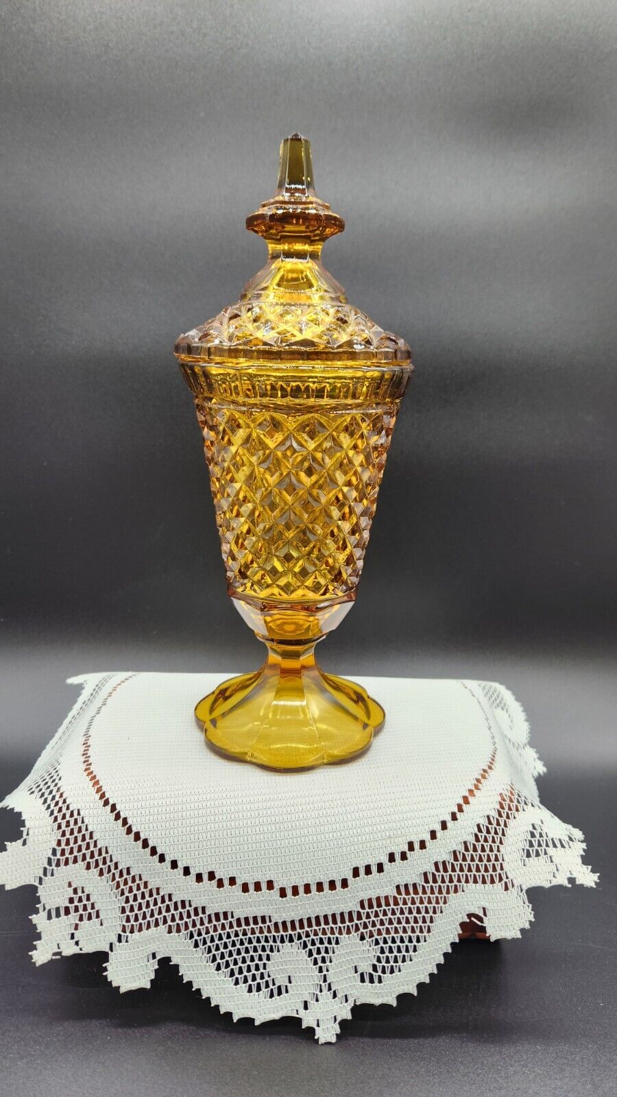 Vintage Indiana Glass Marigold Diamond Point Tall Jar With Lid
