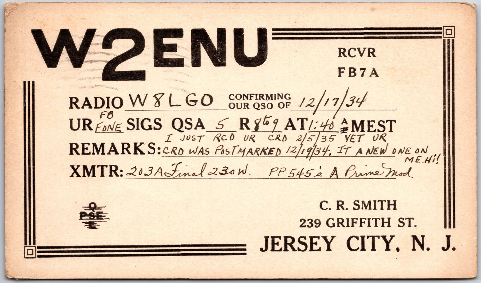 1935 QSL Radio Card Code W2ENU Jersey City New Jersey Amateur Posted Postcard
