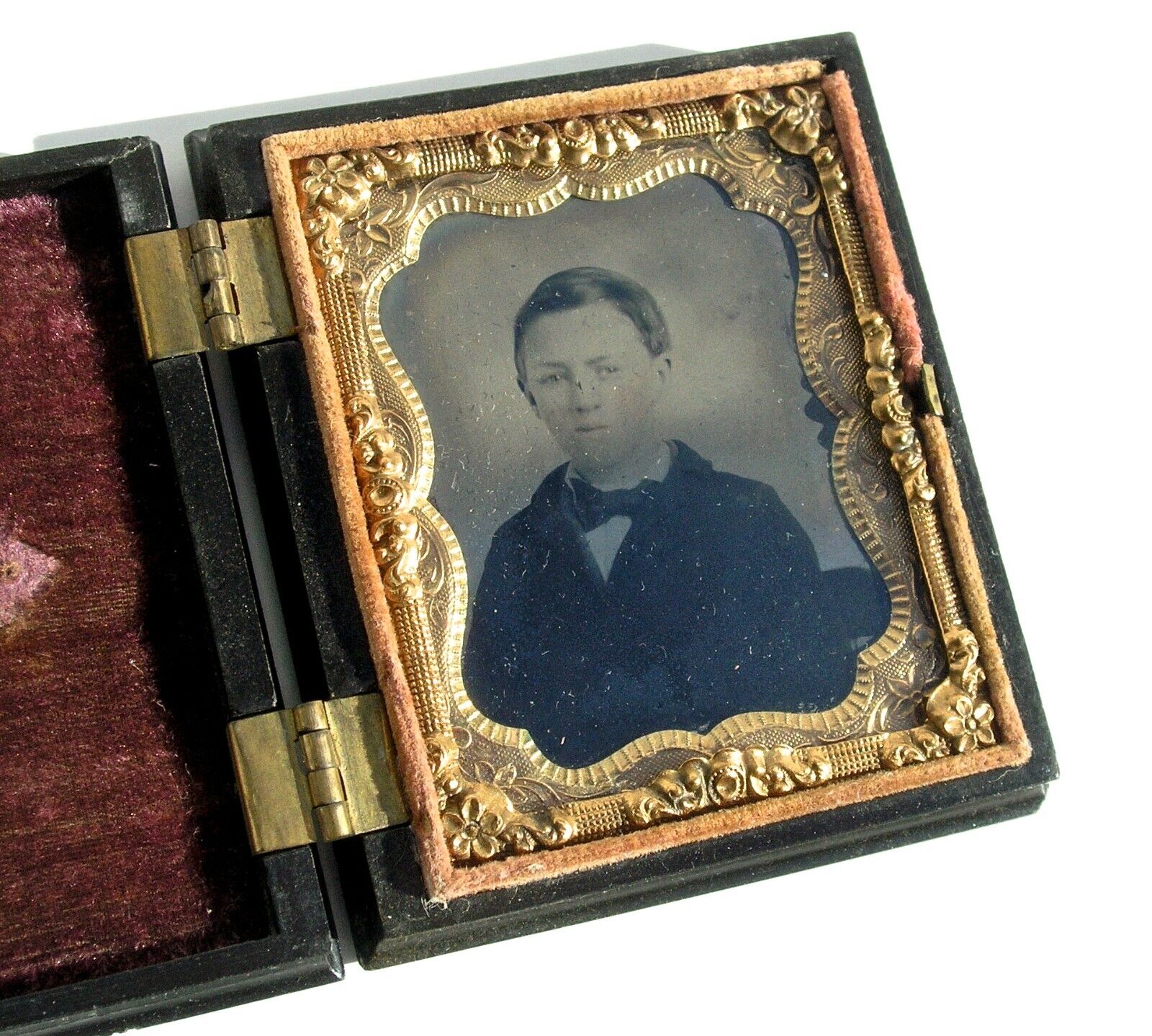 Antique Ninth Plate Ambrotype Civil War Era Boy in Thermoplast Case