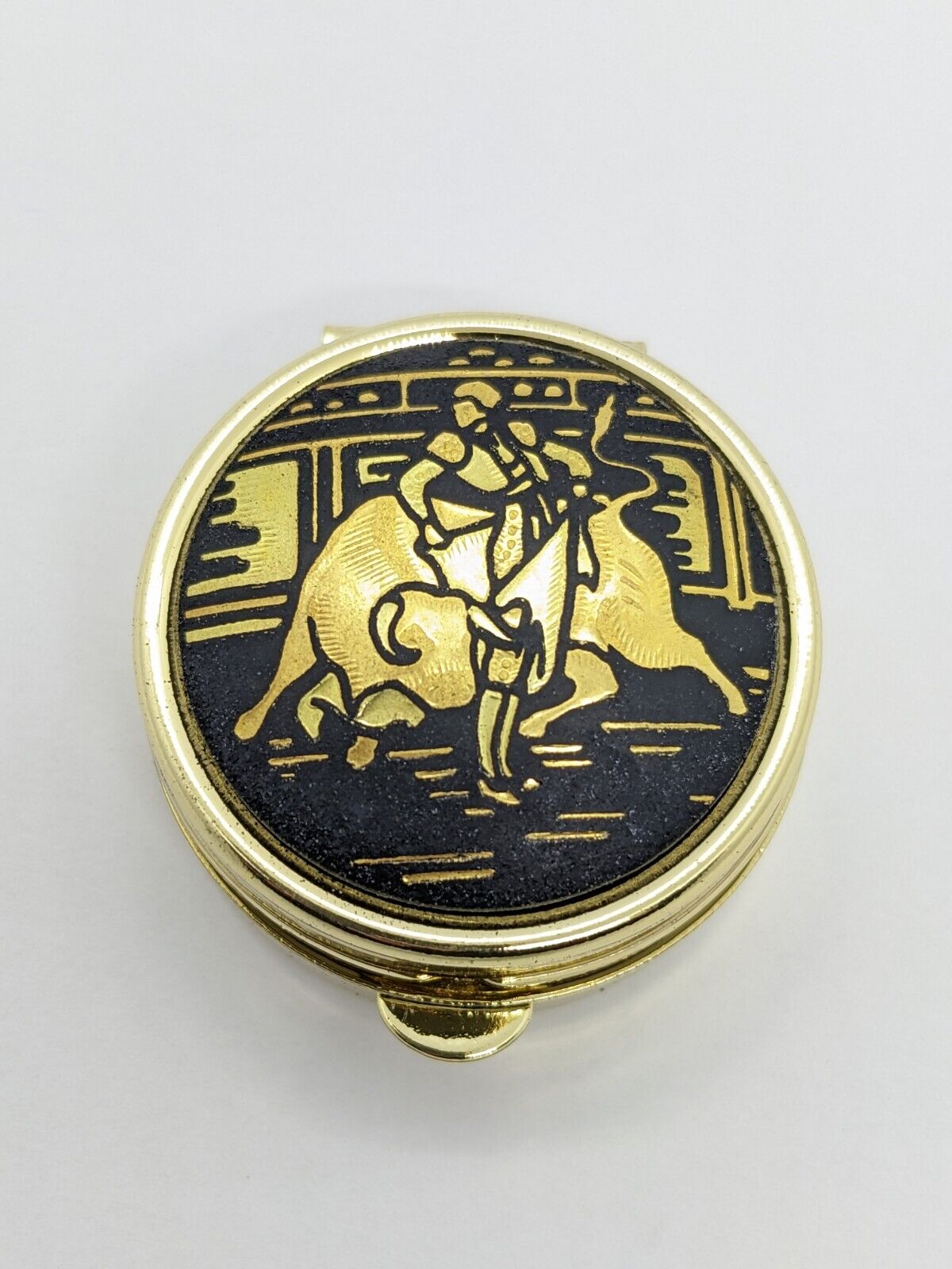 Vintage Damascene Spanish pill box from Spain 24K Gold & Steel Bullfighter/ Bull