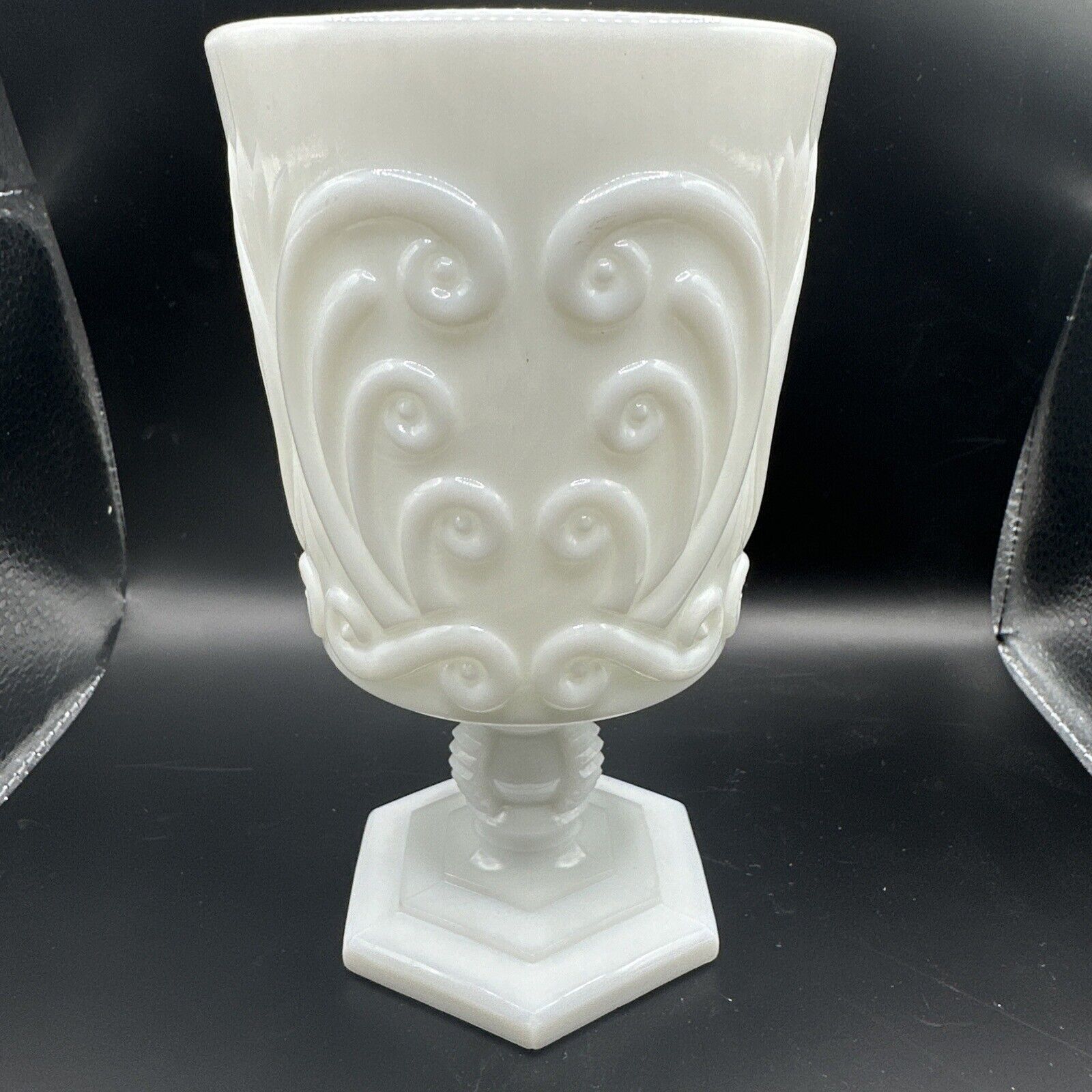 Imperial Cerulean Gloss White Pressed Glass Wine Water Goblet Scroll