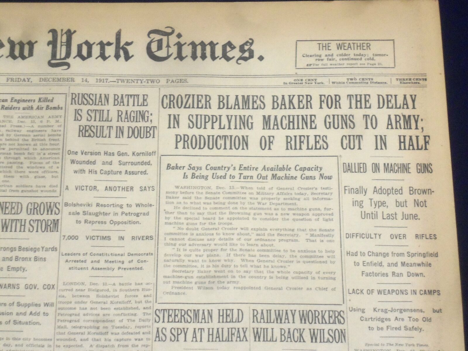 1917 DECEMBER 14 NEW YORK TIMES- DELAY IN SUPPLYING MACHINE GUNS TO ARMY-NT 8261