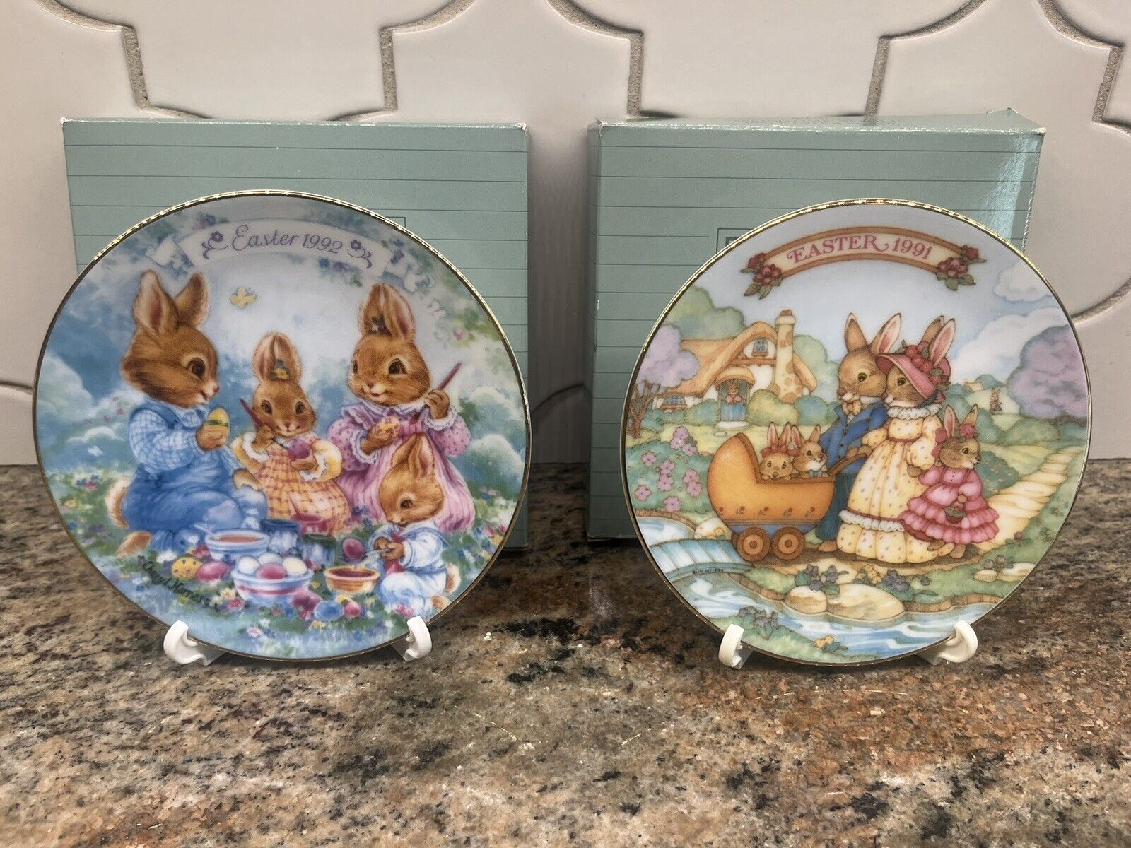 Vintage Avon Easter Plates 1991 & 1992 Set of 2 - 22k Gold Trim Colorful Spring
