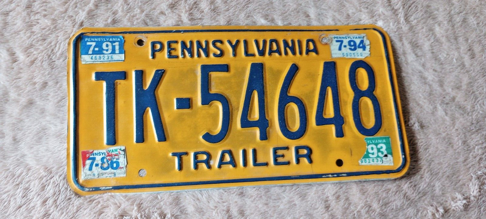Vintage Pennsylvania Metal License Plate- Blue & Yellow Trailer TK 54648