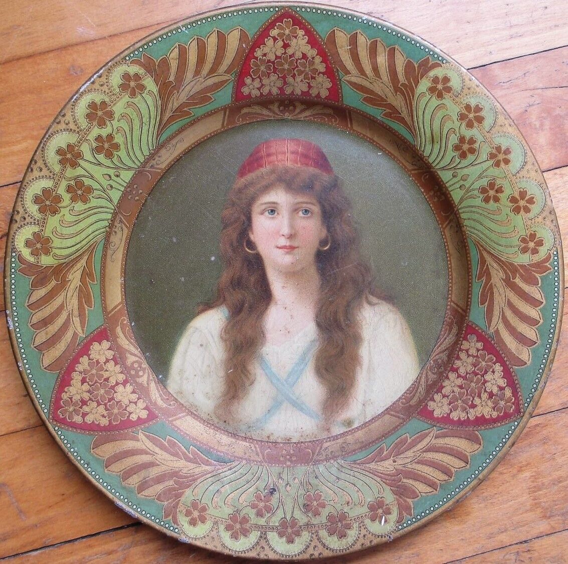 Art Nouveau 1890 Tin Plate, Brunette Woman in Red Hat, Color Litho, 10-Inch Diam