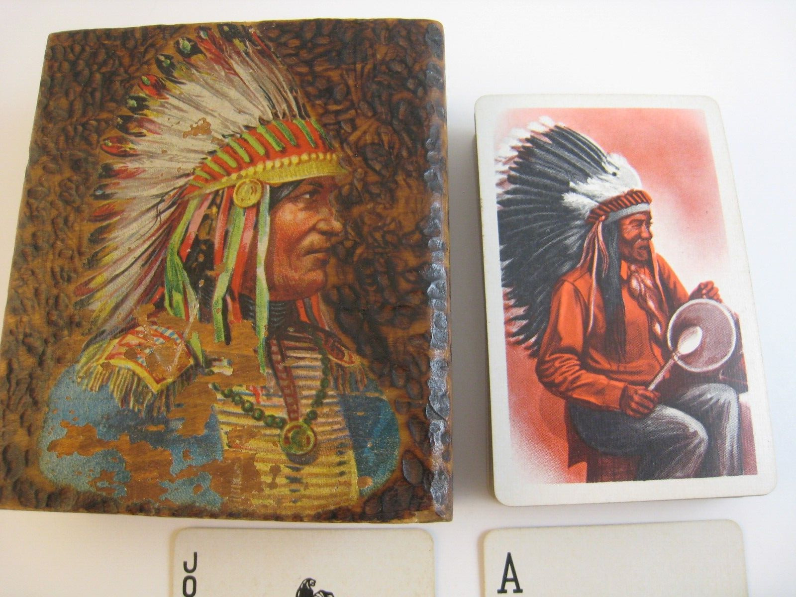 Antique Playing Cards, \' NATIVE AMERICAN \' PAINTED WOOD BOX, 53, JOKER. VF