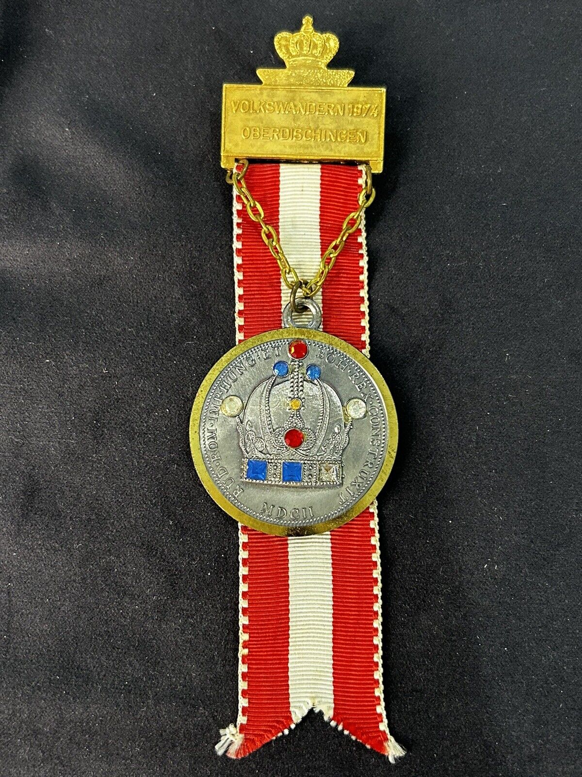 1975 German Medal Crown Pin Badge WW2 Volkswandern 1974 Oberdischingen