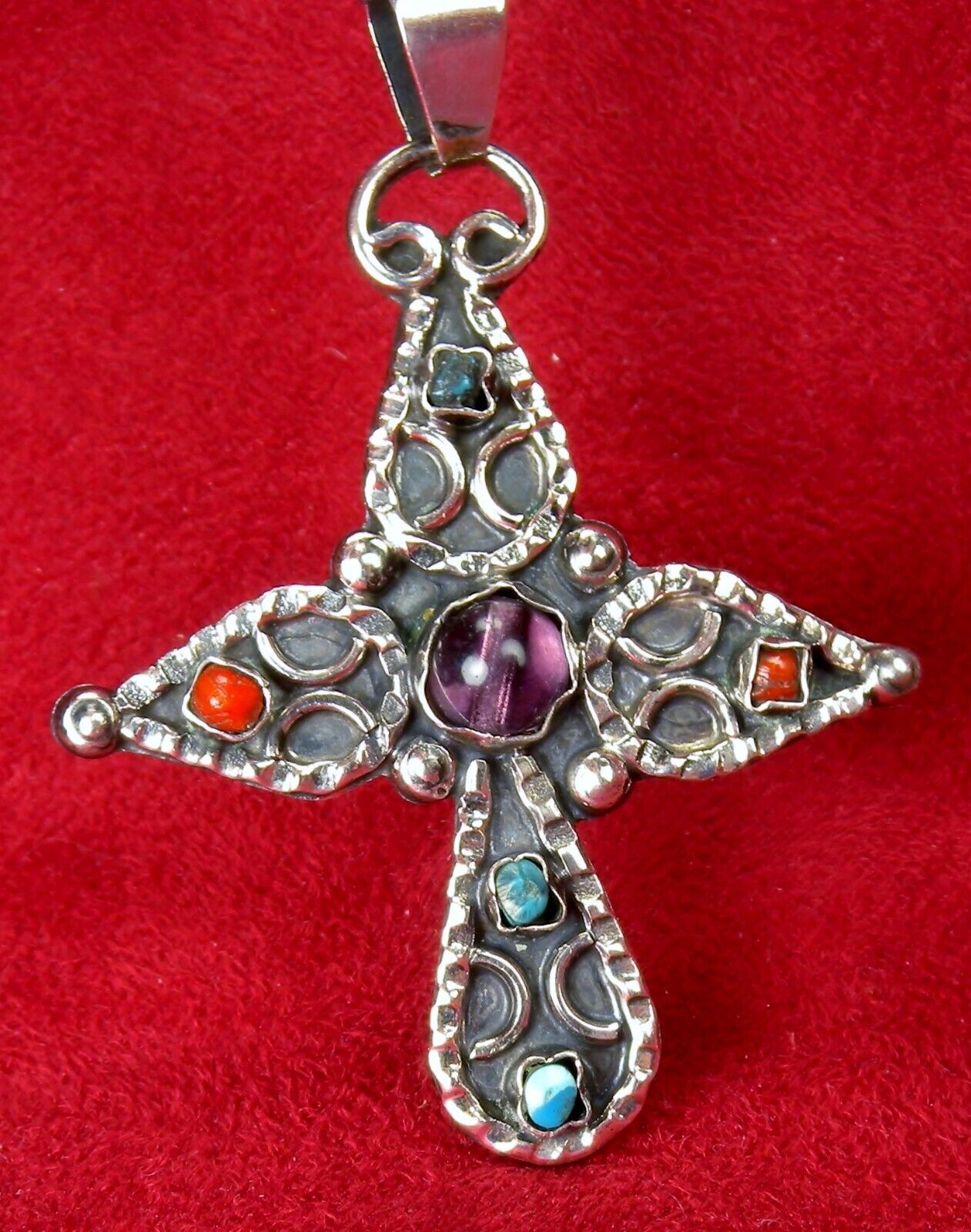 Bertha\'s Vintage Sterling Turquoise & Amethyst Guadalupe MEXICO Pilgrimage Cross