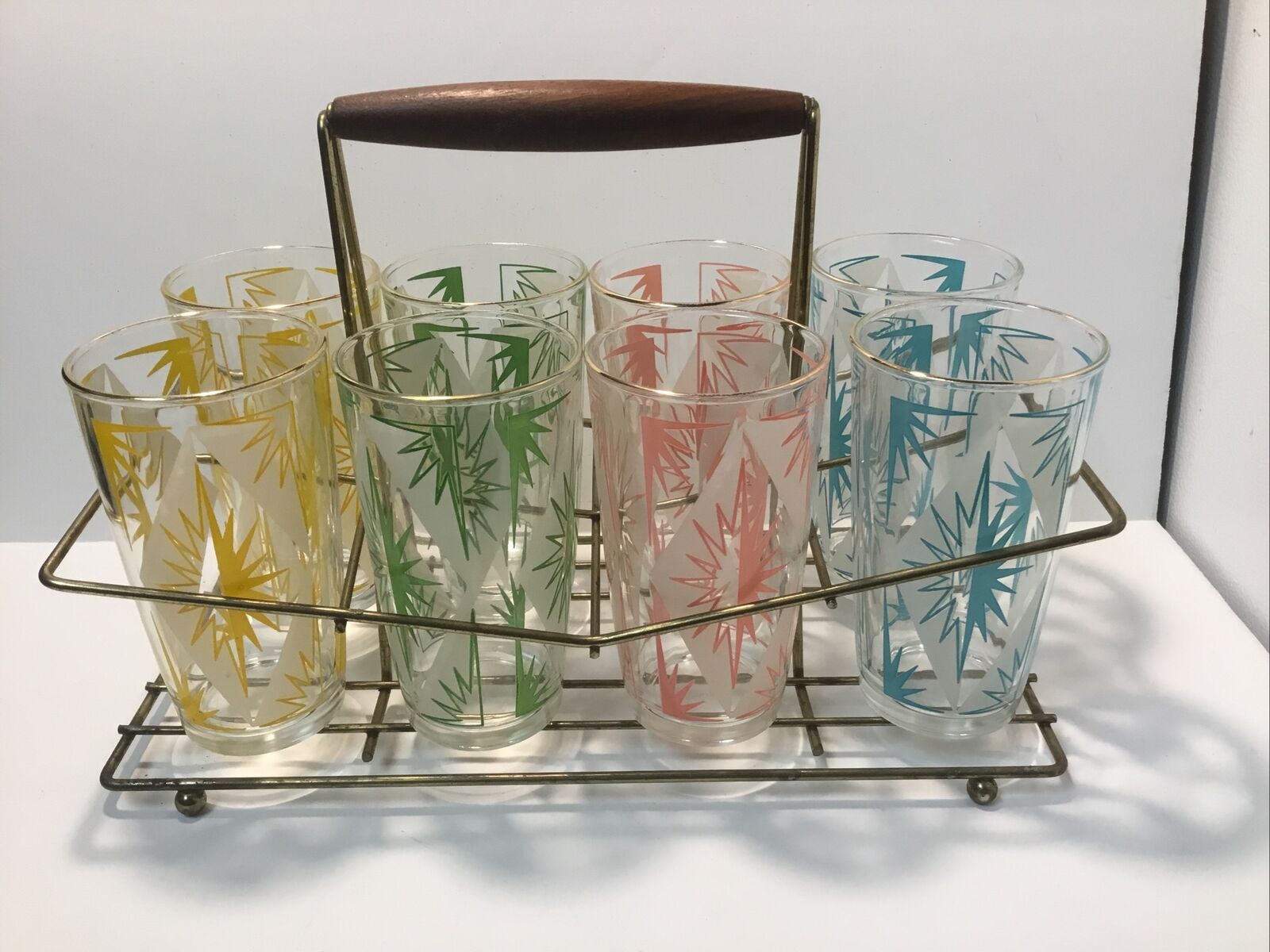 Vintage Glassware Set With Carrier, 1960’s Hazel Atlas Set of 8. starburst