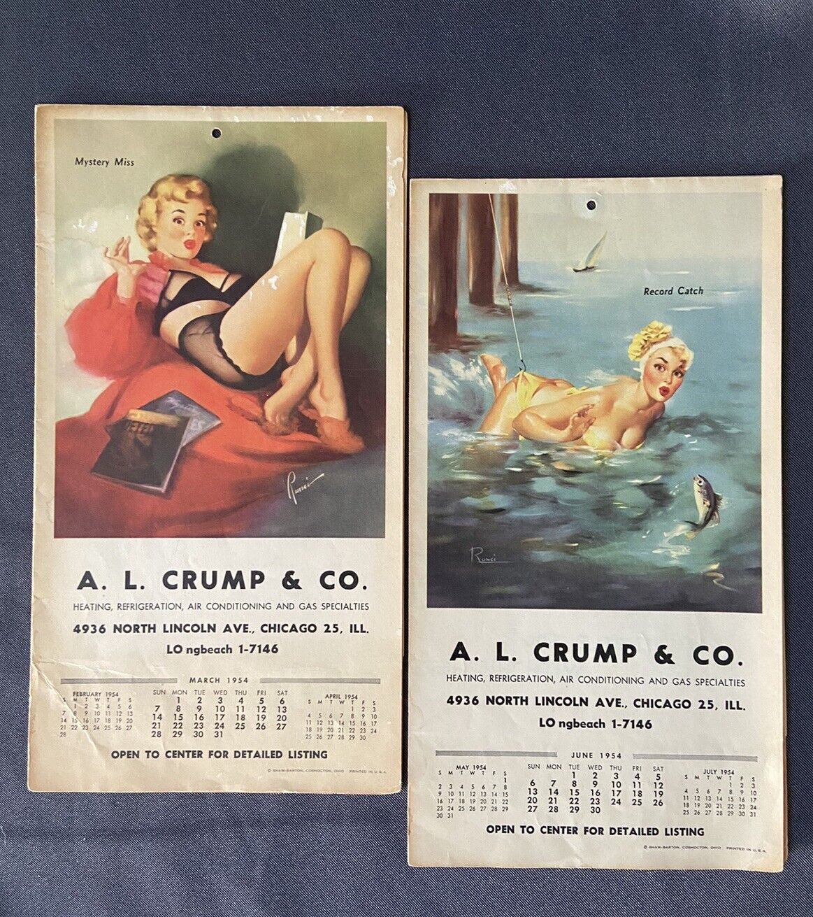 Pinup Girl Advertising Calendars A.L. Crump & Co, Chicago 1954 March and June
