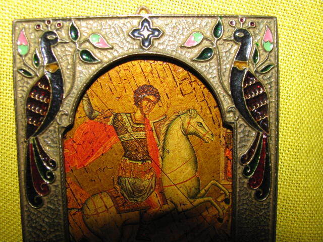 OLD ST GEORGE AND THE DRAGON GREEK RUSSIAN GILT ICON ON WOOD CLOISONNE FRAME