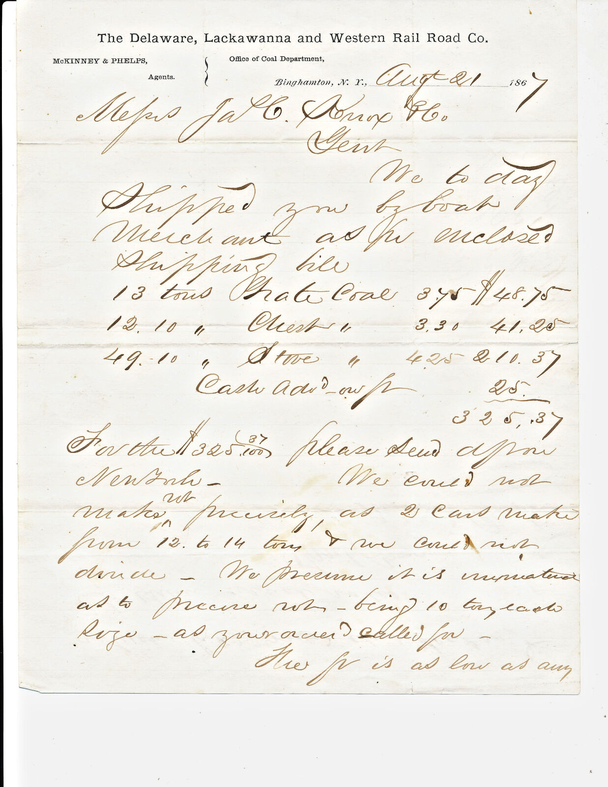 1867 BILL HEAD LETTERHEAD DELAWARE LACKAWANNA & WESTERN RAIL ROAD CO - COAL DEPT