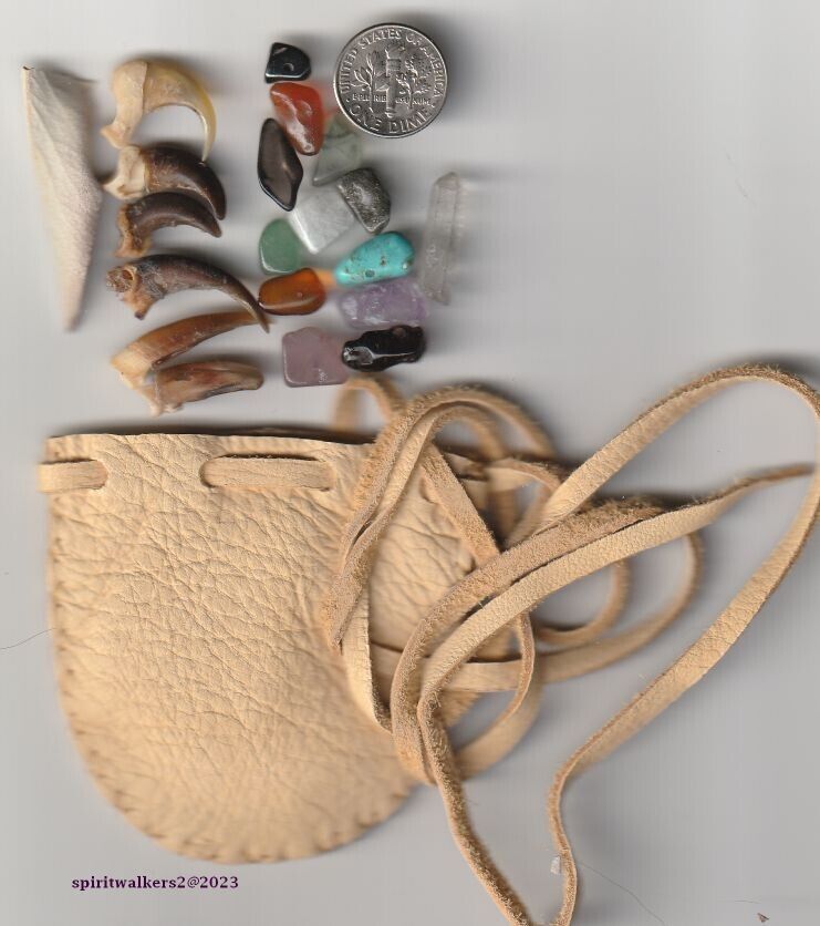 Spiritual Medicine Bundle bag,12 Healing stones, 6 real animal claws. ( SMBB)