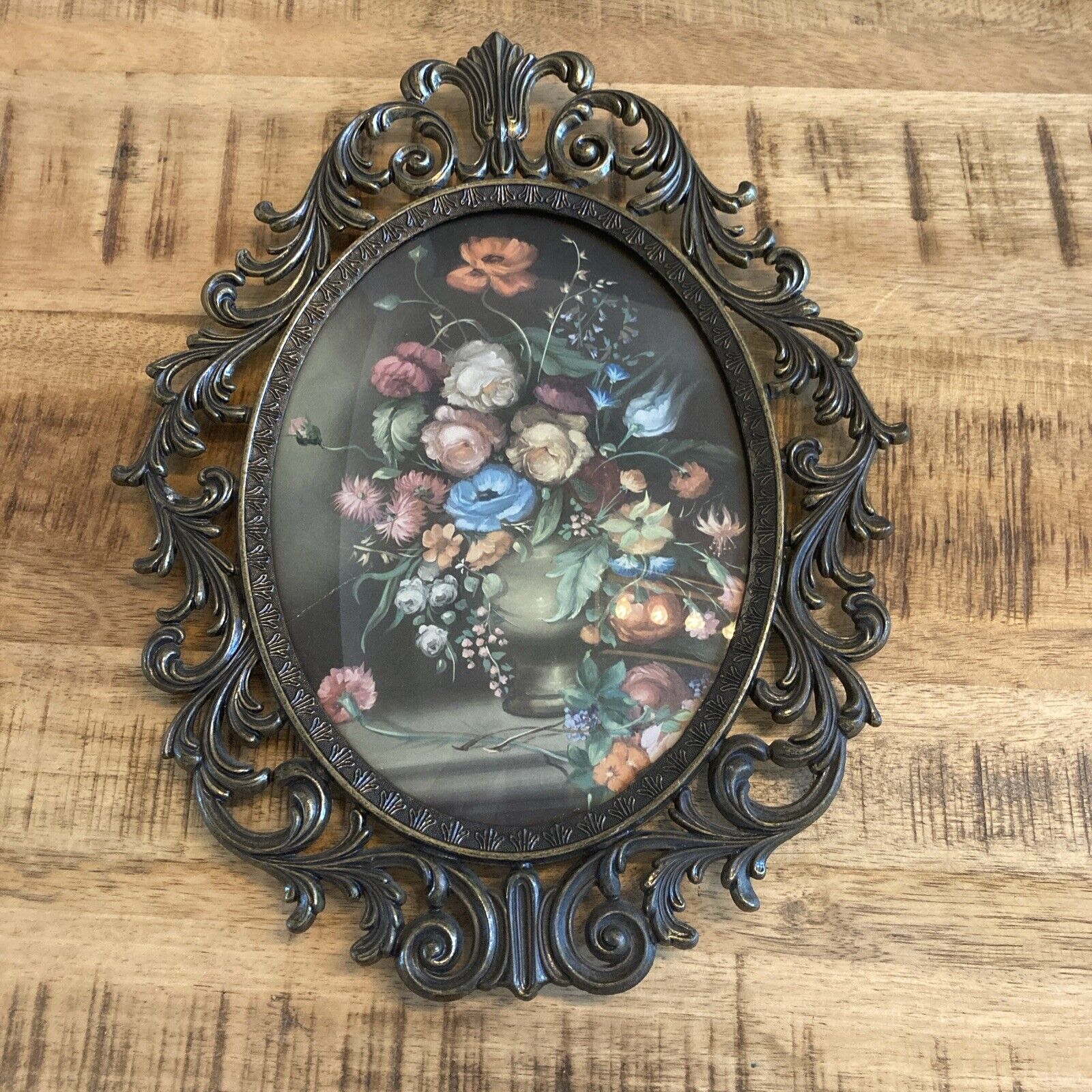 Vintage Floral Print Convex Glass Oval Ornate Metal Frame - Made In Italy