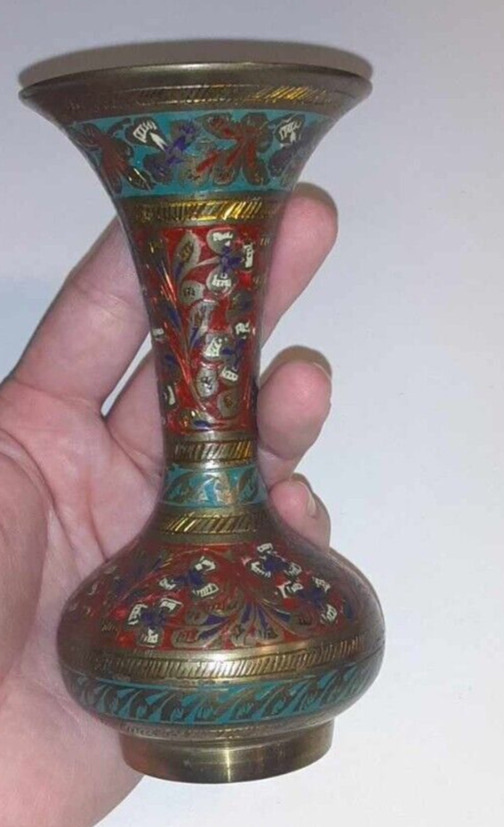 Beautiful vintage etched and hand-painted brass vase made in India