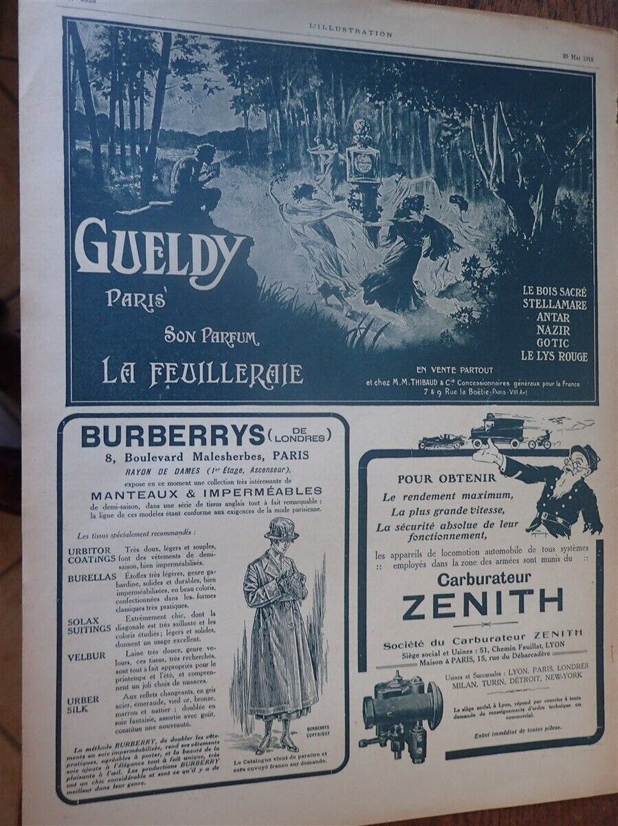 LA FOLILLERAIE perfume de GUELDY + BURBERRYS + ZENITH pub papia ILLUSTRATION 1918