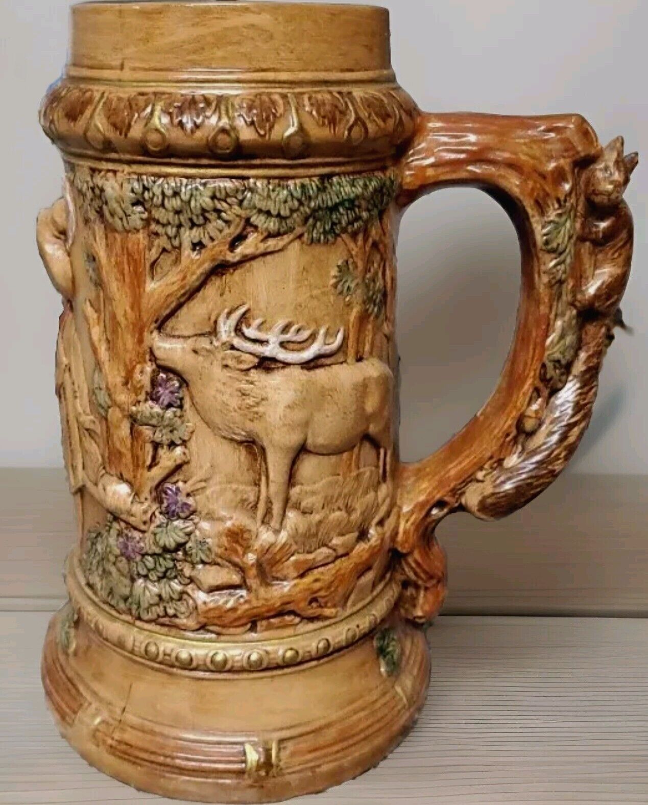 Large Vintage Ceramic German Beer Stein Mug w/ Elk, Squirrel, Deer, Man 1973