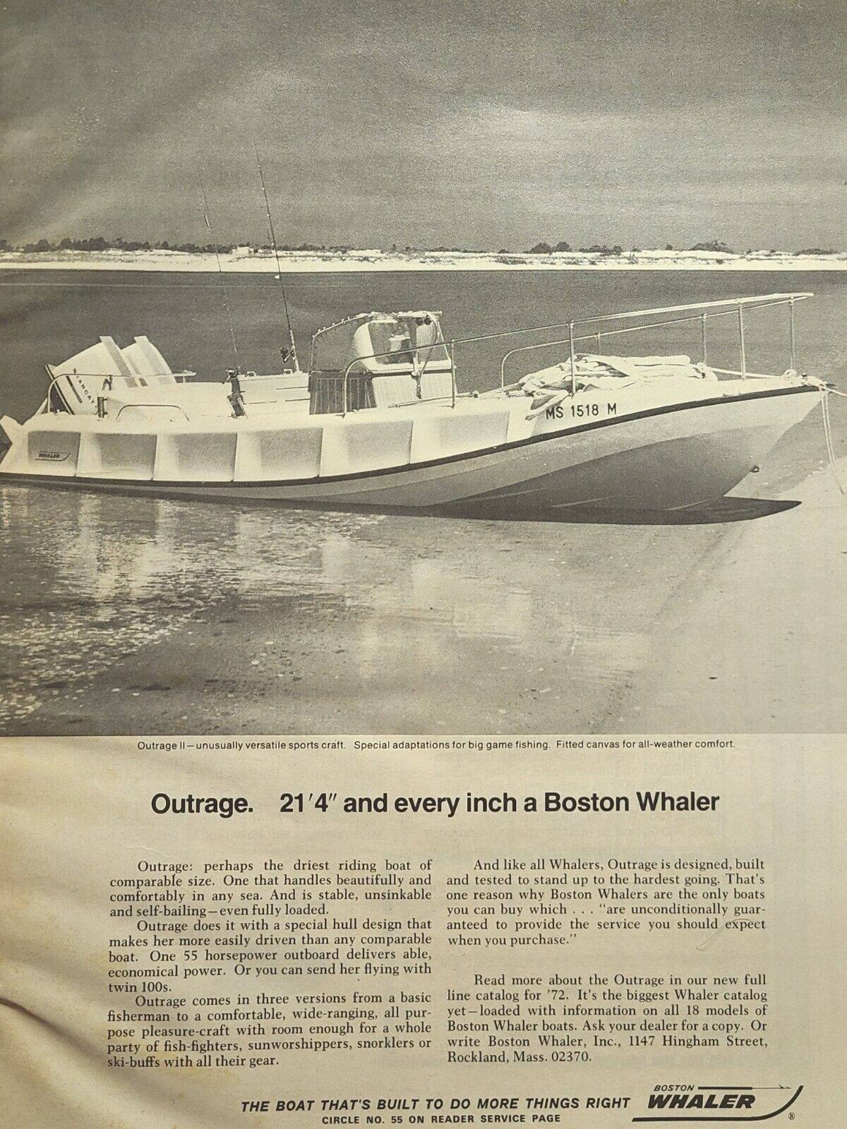 Boston Whaler Outrage Boat for Big Game Fishing Rocklands Vintage Print Ad 1972
