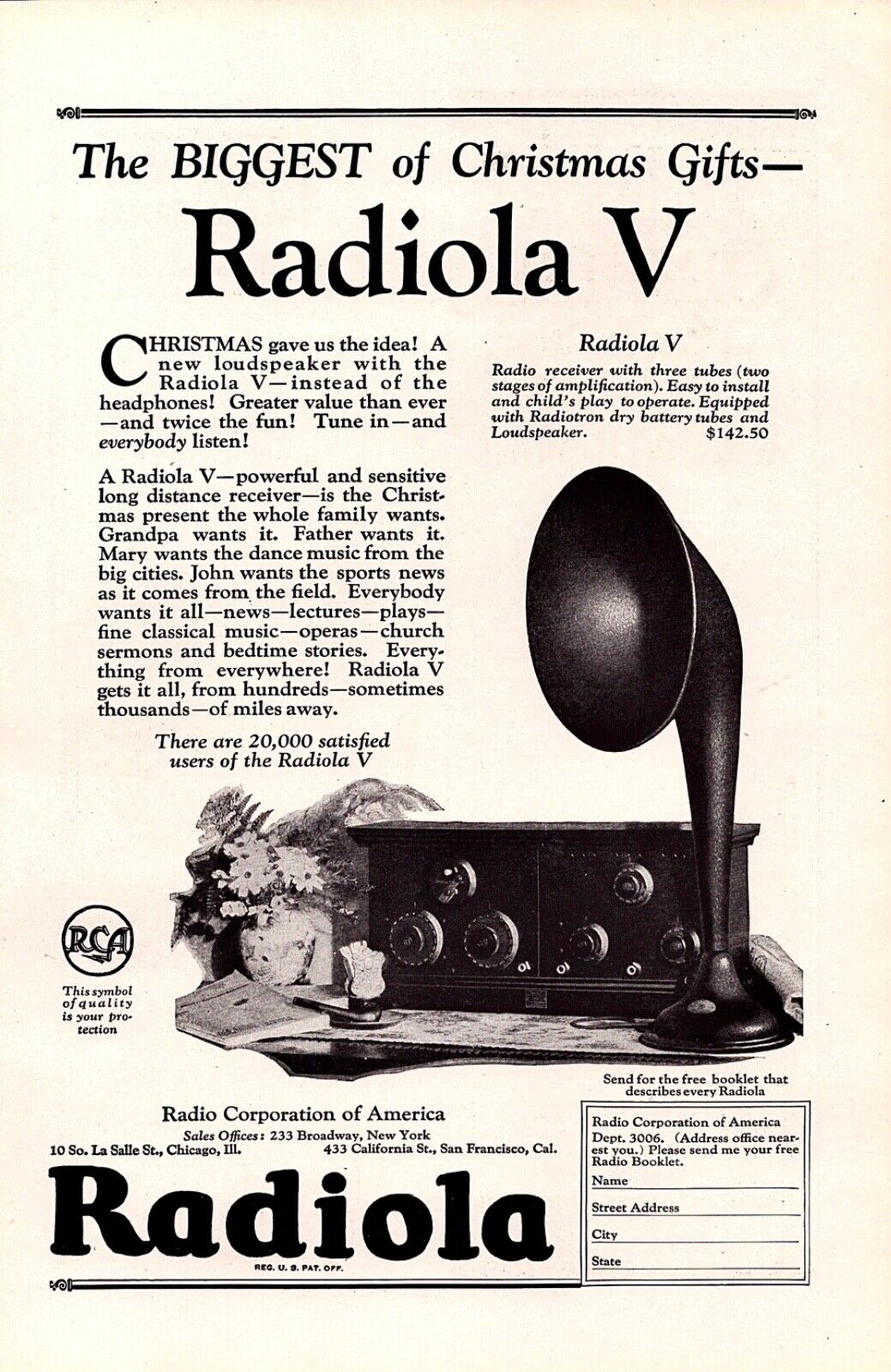 1923 RADIOLA V Radio Receiver ~ Biggest Christmas Gift ~ VINTAGE PRINT AD