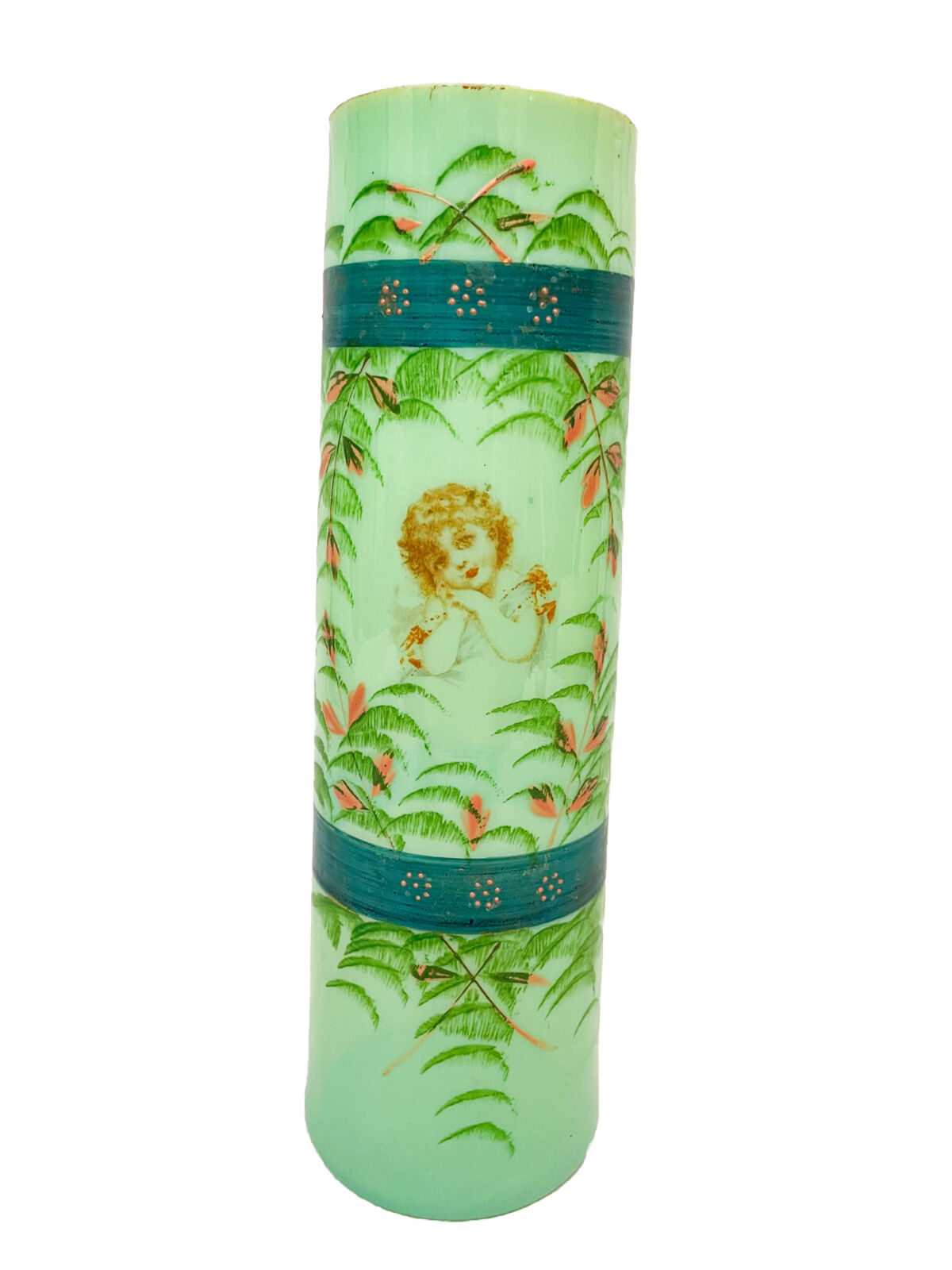 Antique Bristol Green Opaline Jadeite Painted Glass Vase - Victorian Era Girl