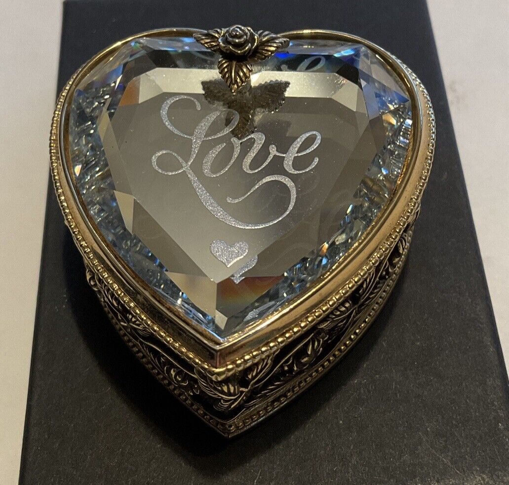 Vintage Little Gallery Fine Pewter Faceted Crystal Mirror Heart Trinket Box