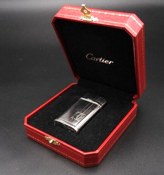 WORKING Cartier Vintage Gas Lighter Godron Silver Case Box
