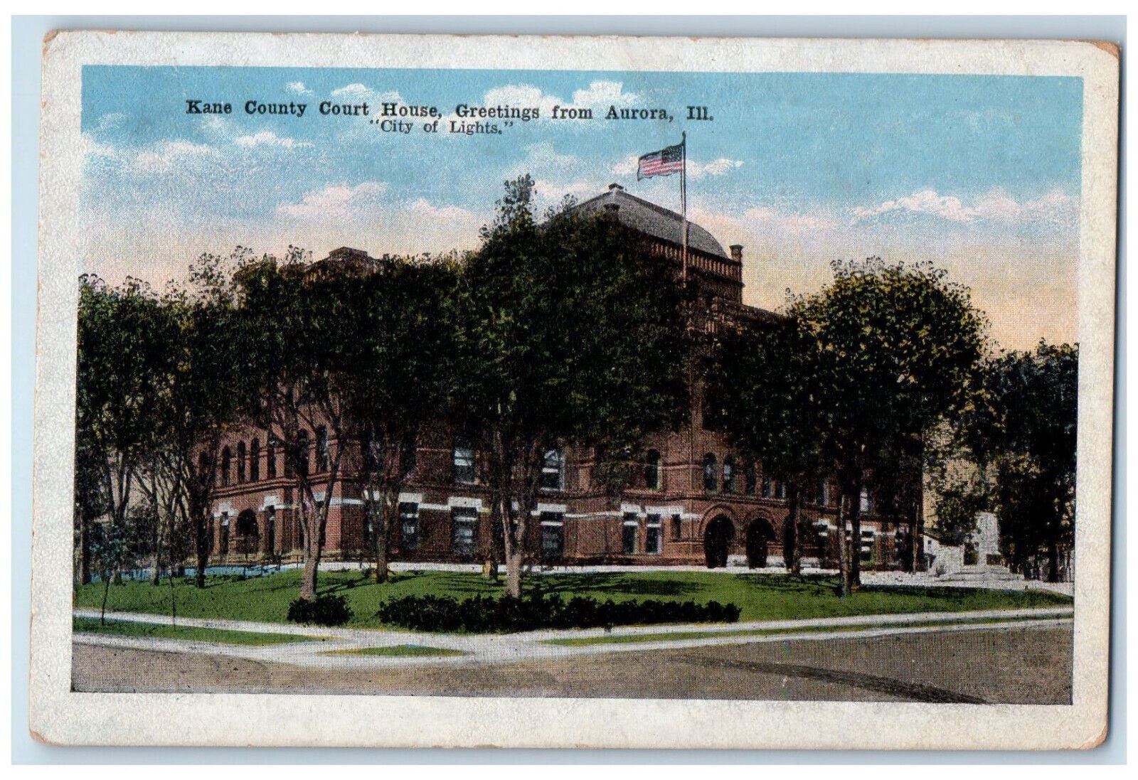 c1920s Kane County Court House, Greetings from Aurora IL City of Lights Postcard