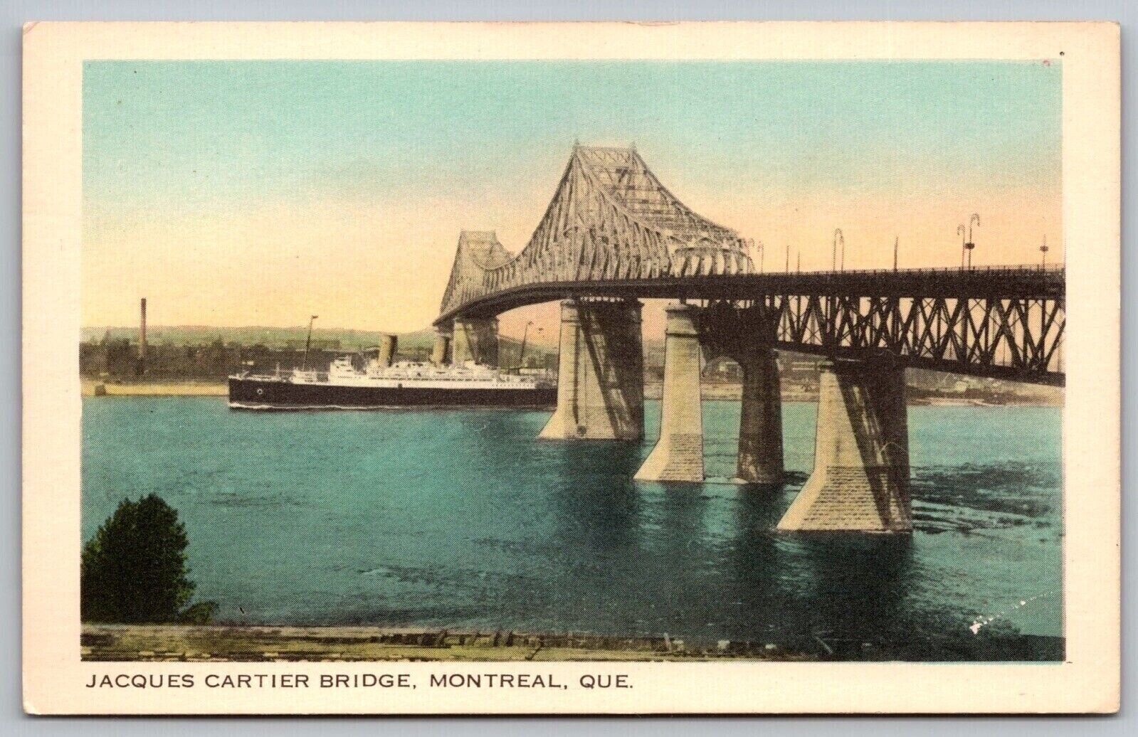 Montreal Quebec Canada Jacques Cartier Bridge Scenic Landmark Linen Postcard