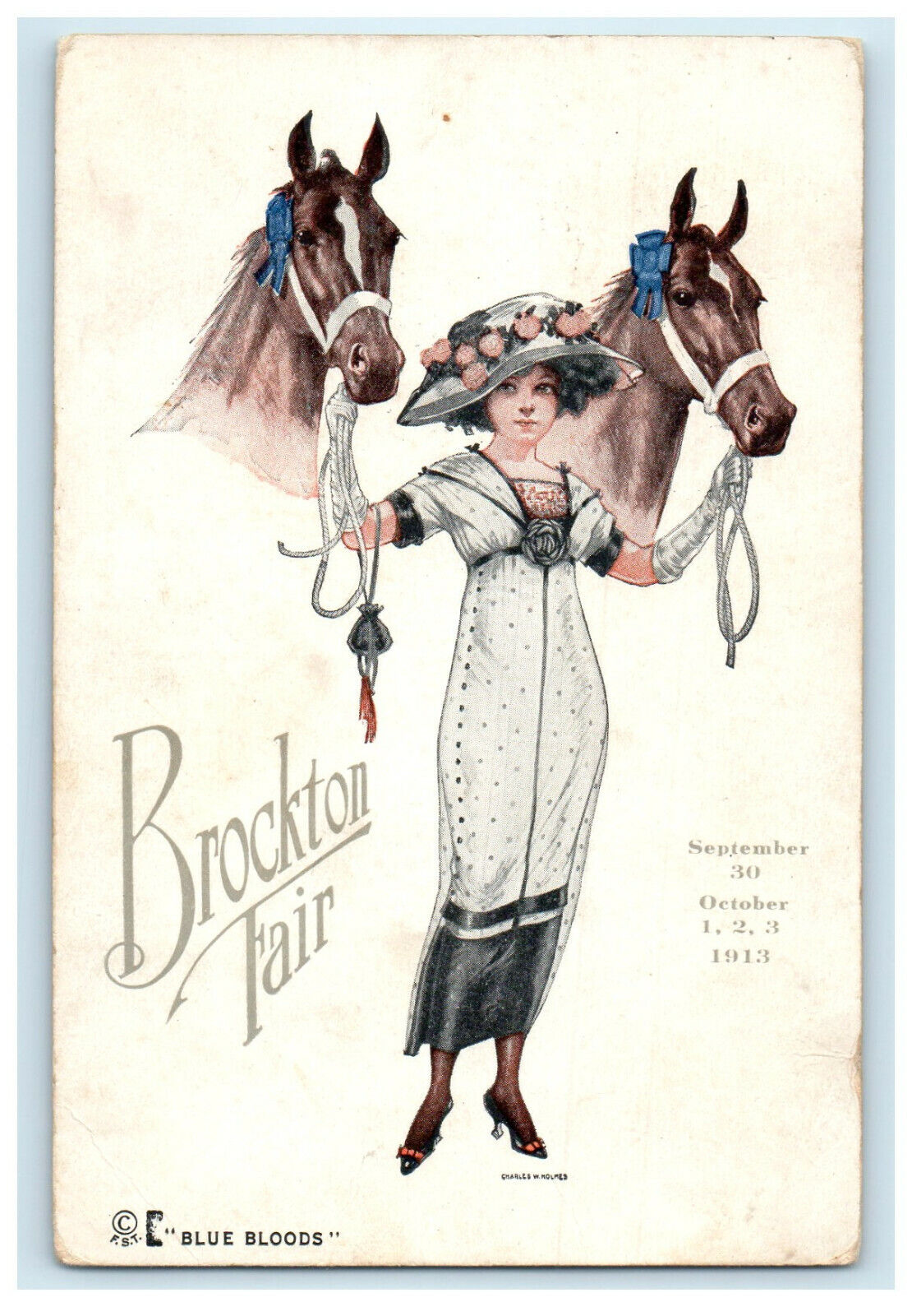 1913 Horses & Woman Brockton Fair Brockton Massachusetts MA Advertising Postcard