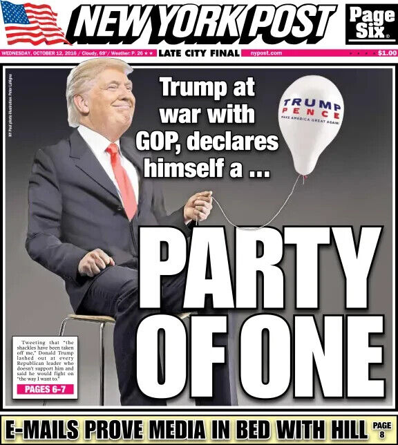 NEW YORK POST NEWSPAPER  TRUMP PARTY OF ONE  CUBS WIN  CUBS WIN  10/12/16