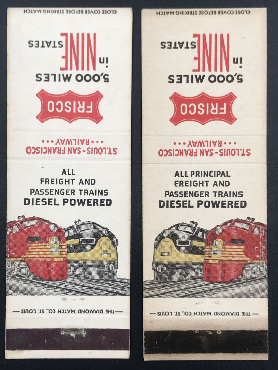 2 Vintage SLSF Frisco Railway Diesel Powered Mirror Image Pair Matchbook Covers