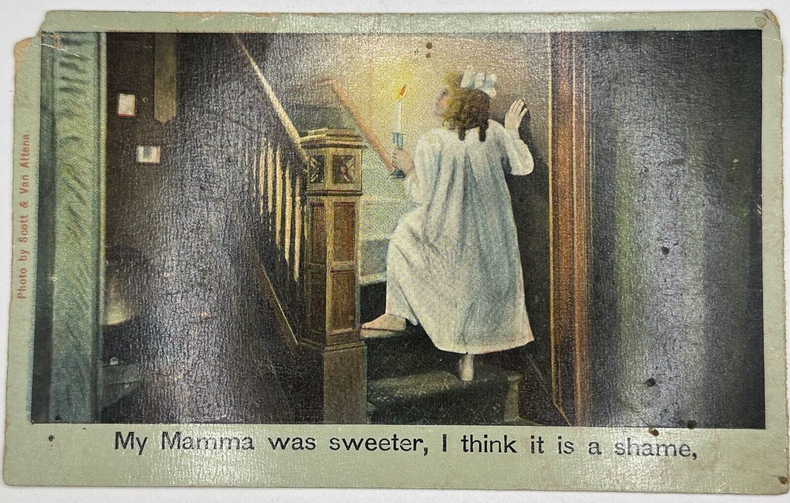 1907 My Mamma Was Sweeter Postcard Girl Walking Up Stairs By Candle Light