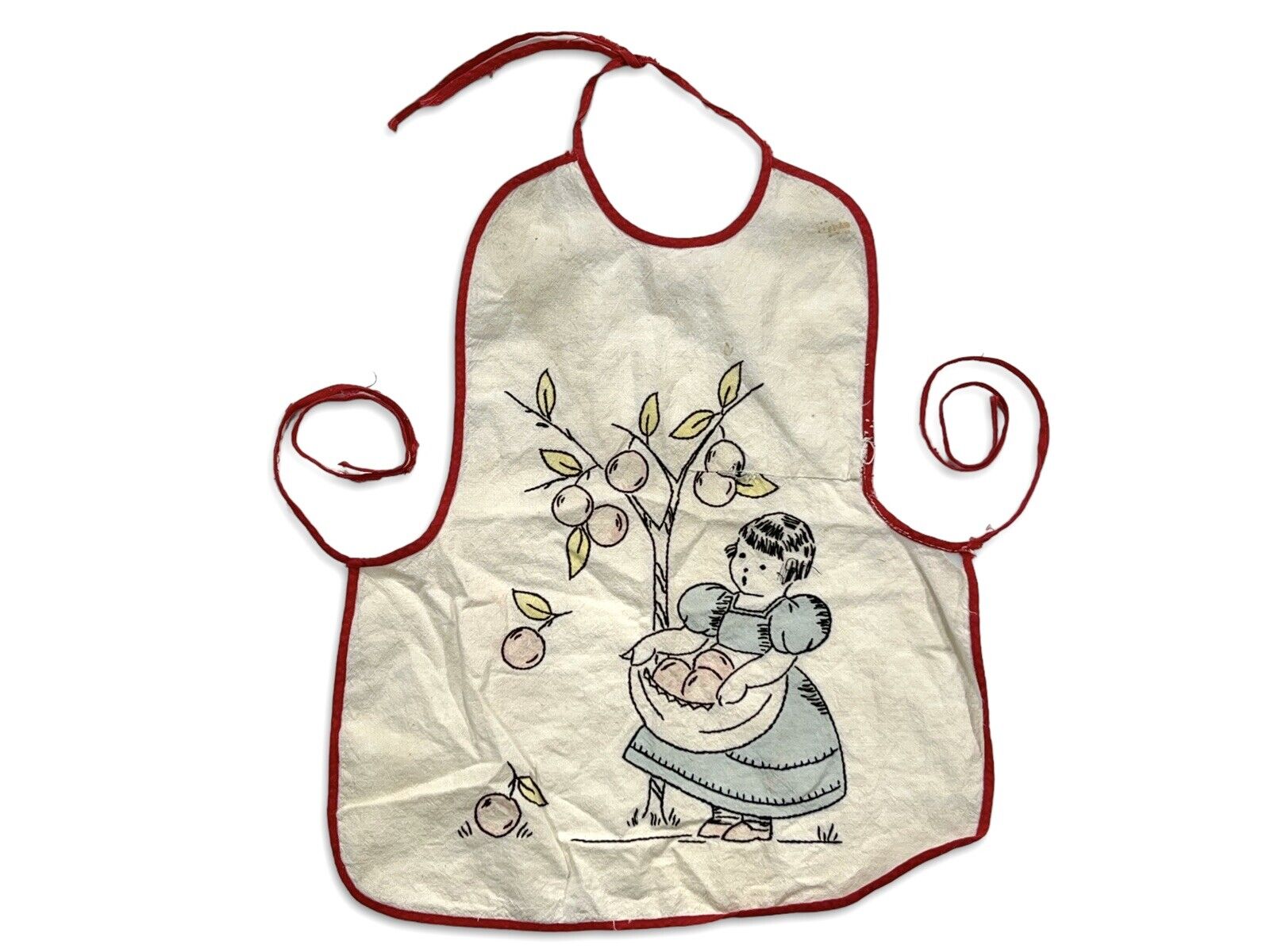 Vintage 50’s Child’s Embroidered Apron Smock Picking Apples Spring