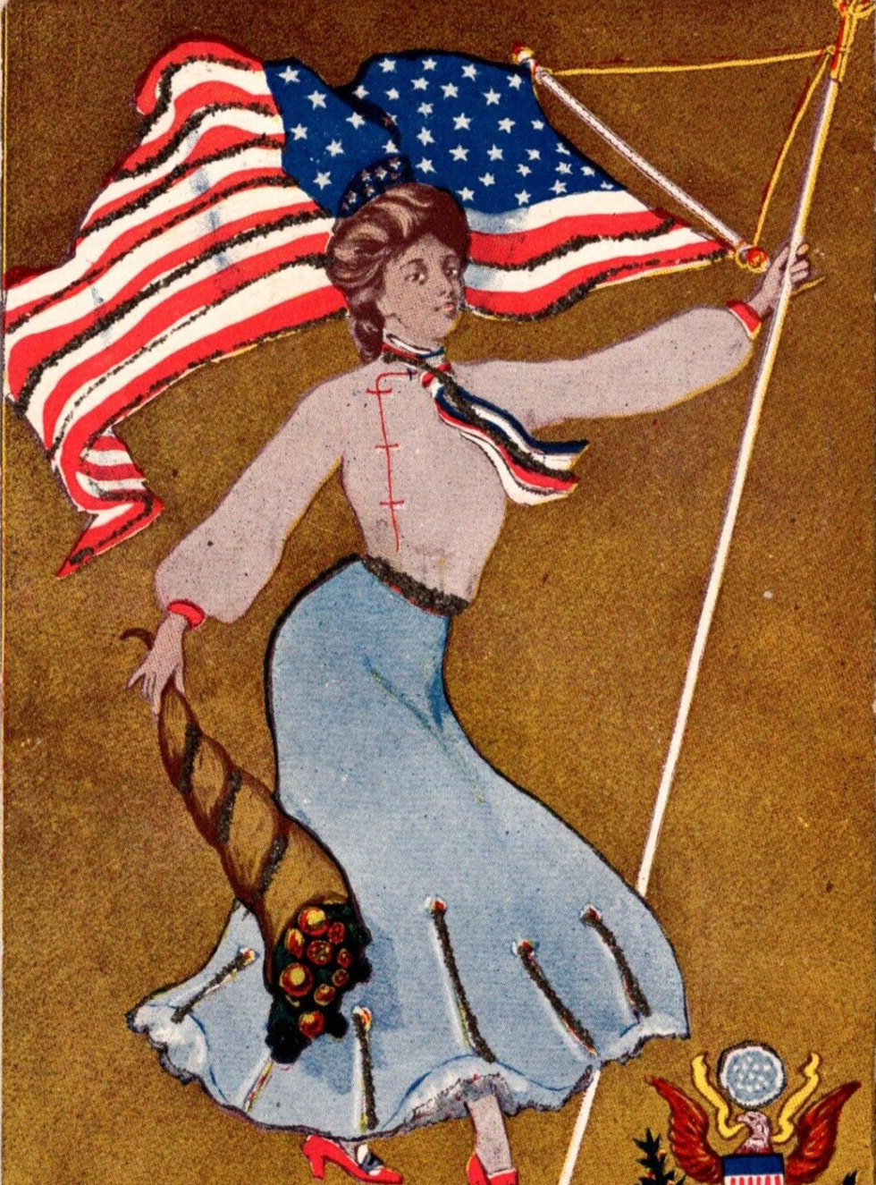 Patriotic Postcard Miss Columbia Woman Carrying American Flag Glitter 1906 UB
