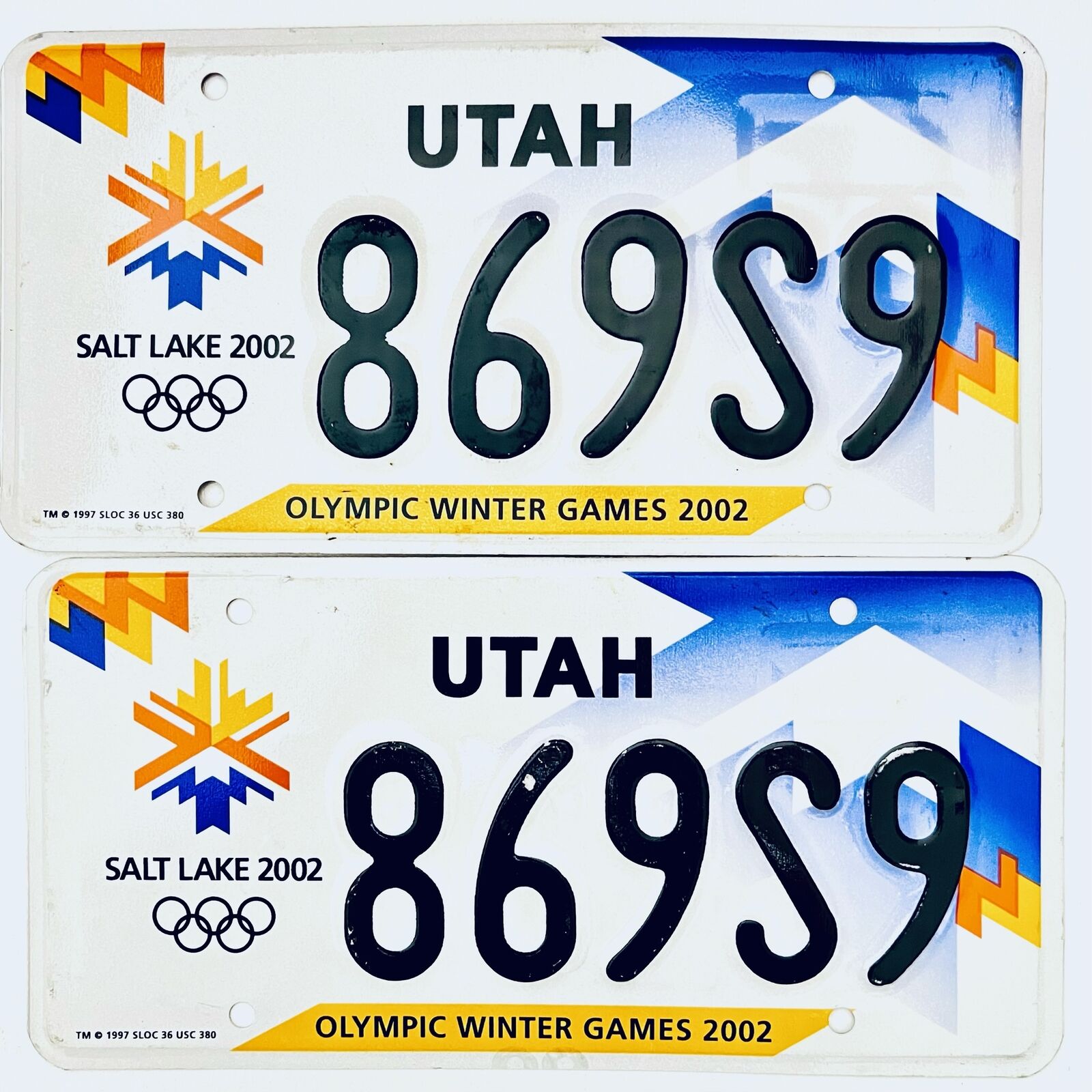 2002 United States Utah Olympic Winter Games Passenger License Plate 869S9