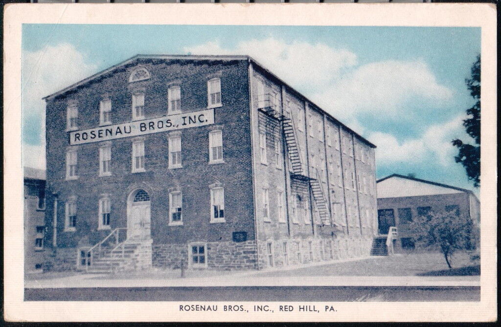 RED HILL PA Rosenau Brothers Inc Vintage B&W Blue Sky Postcard Old Town View PC