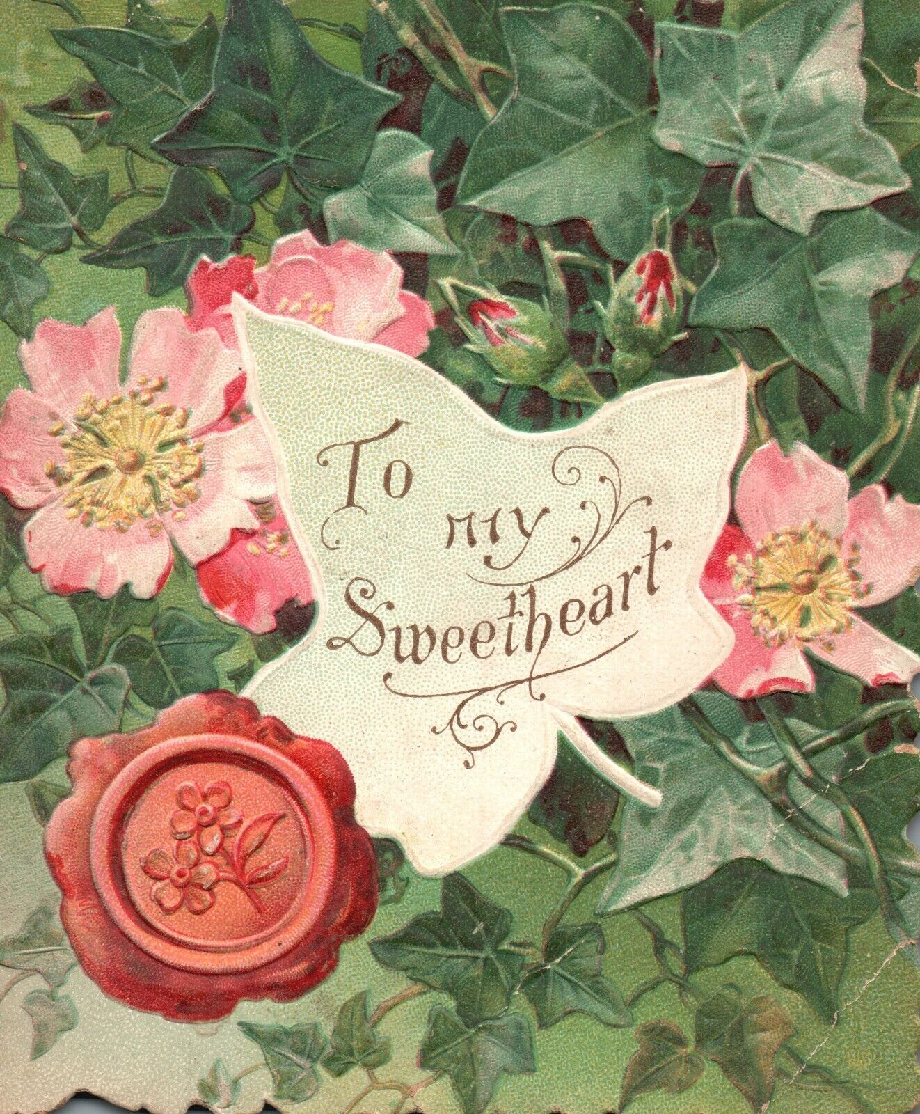 Vintage Valentine\'s Day Card To My Sweetheart Flowers & Leaves