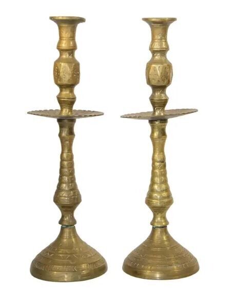 Vintage 1950s Moroccan Candle Holders Solid Brass Mid Century Set Pair Etched