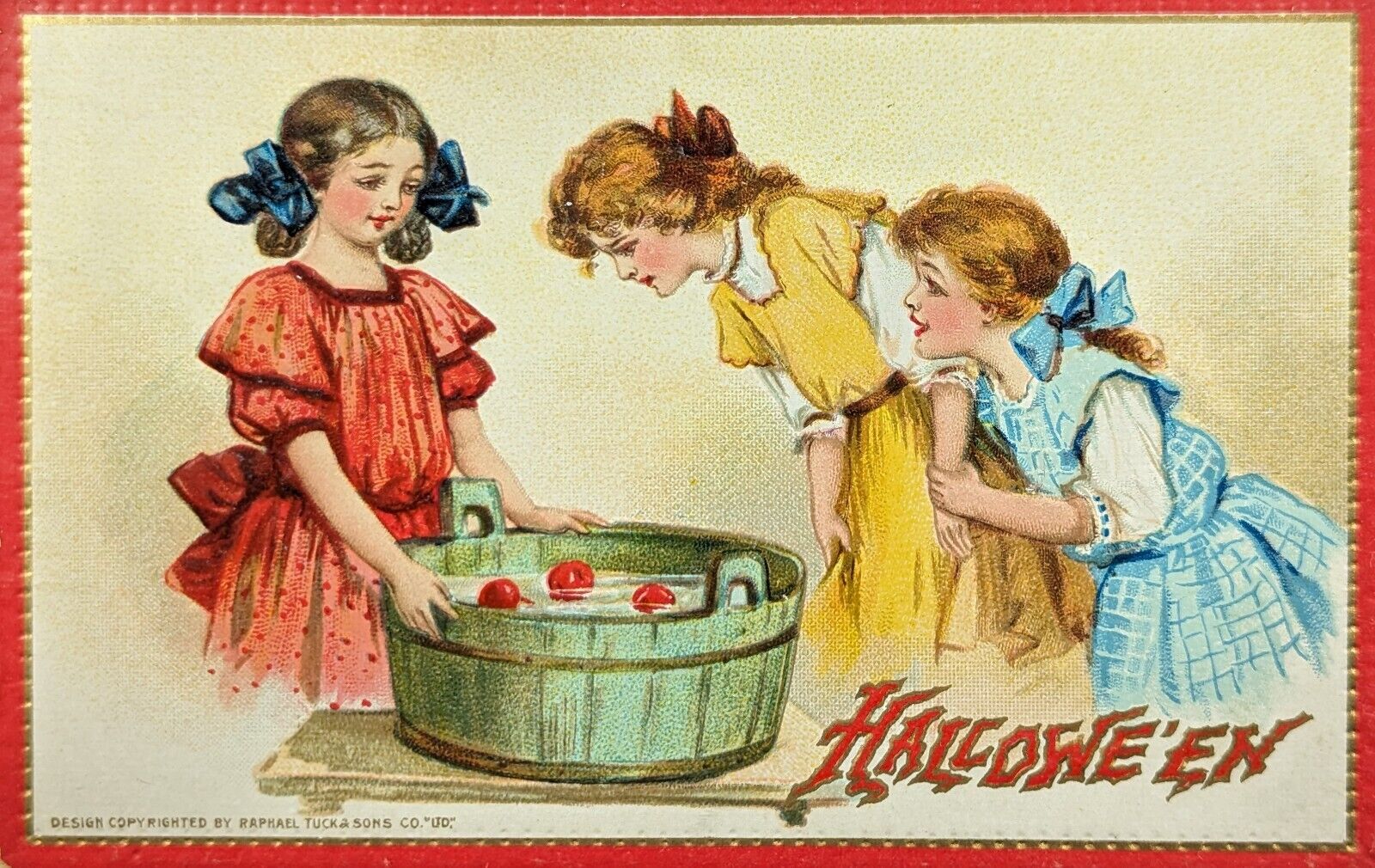 Postcard Vintage Tucks Halloween Girls Bob for Apples 1916