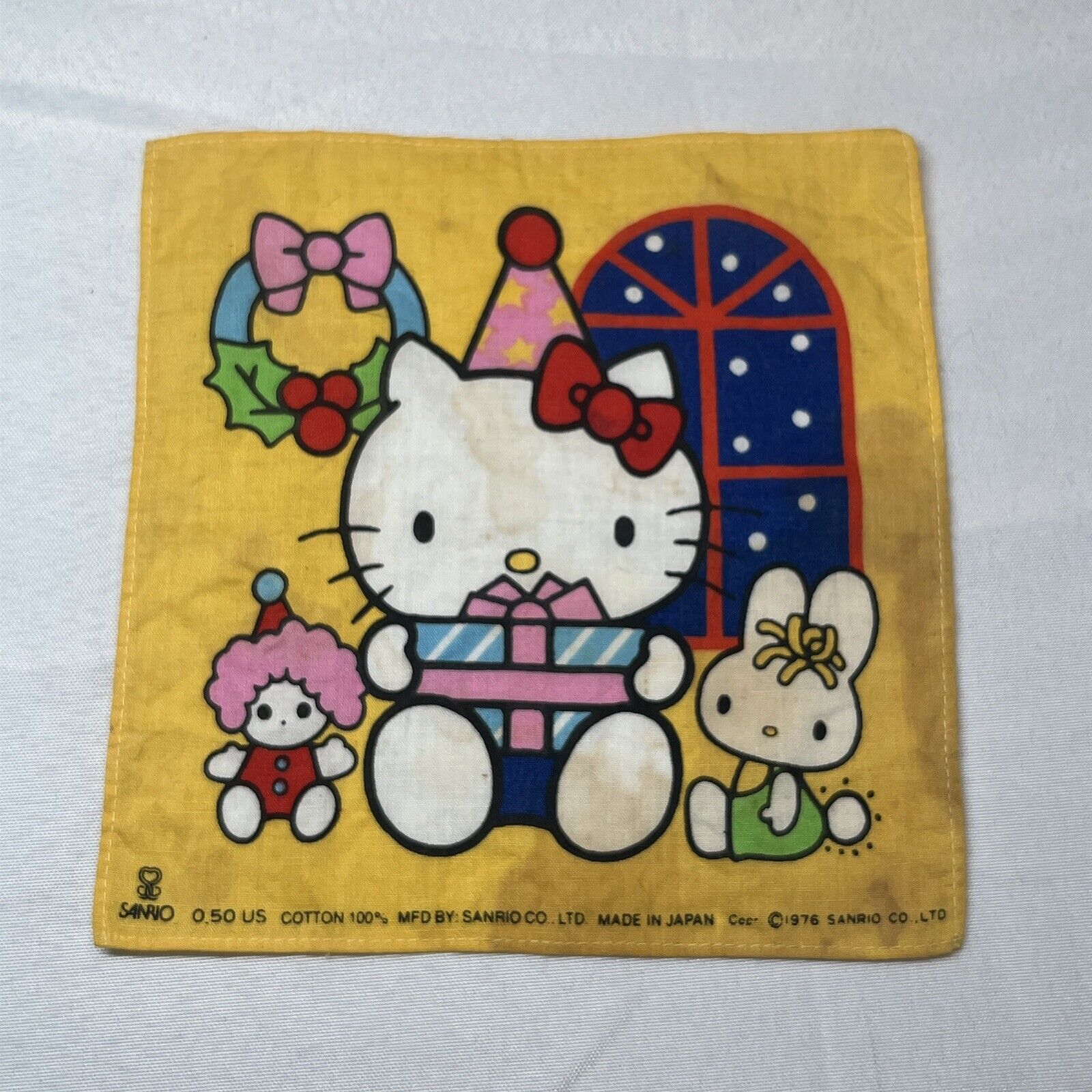 Vintage Sanrio 1976 Hello Kitty 100% Cotton Hanky Handkerchief 6x6 Square HTF