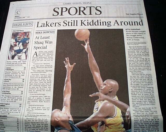 BestKobe Bryant Los Angeles Lakers NBA Basketball DEBUT 1st Game 1996 Newspaper 