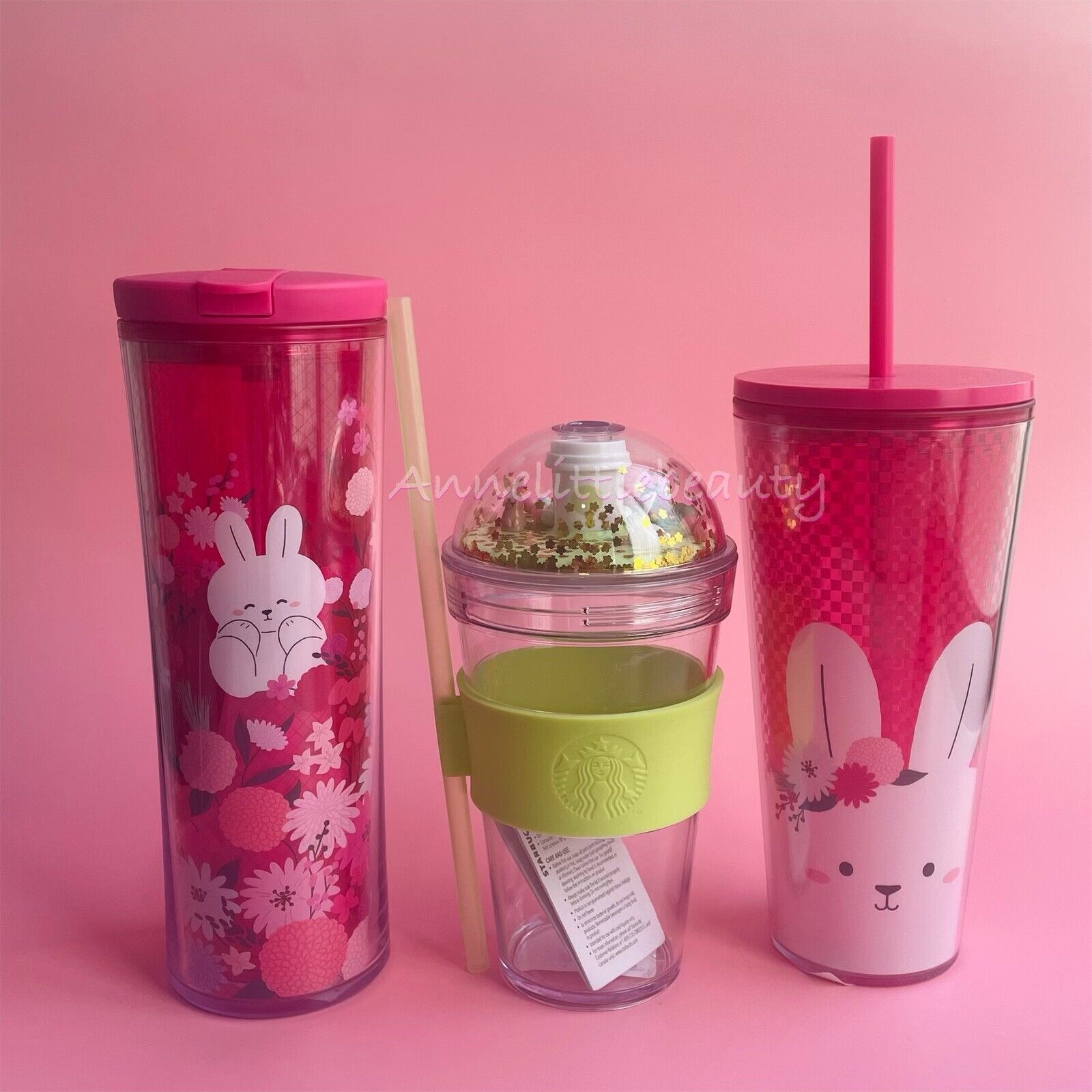 Bundle SAVE SET of 3 x Starbucks Bunny Rabbit Face  flowers Cup 16 oz,20 oz