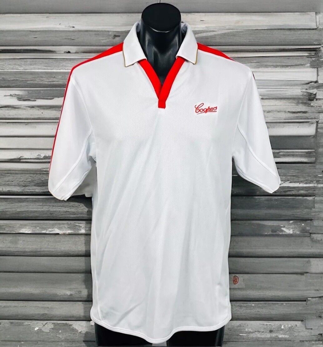 Coopers Brewery Polo Shirt Men's Size XL White Red & Gold Vintage Buttonless S/S