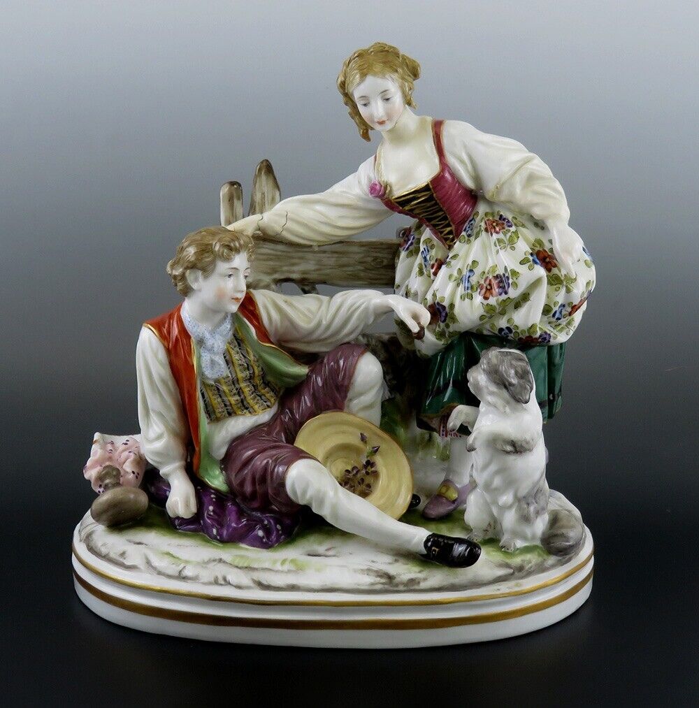 Charming mid 1800s French Porcelain Figural Group Courting Scene Couple and Dog